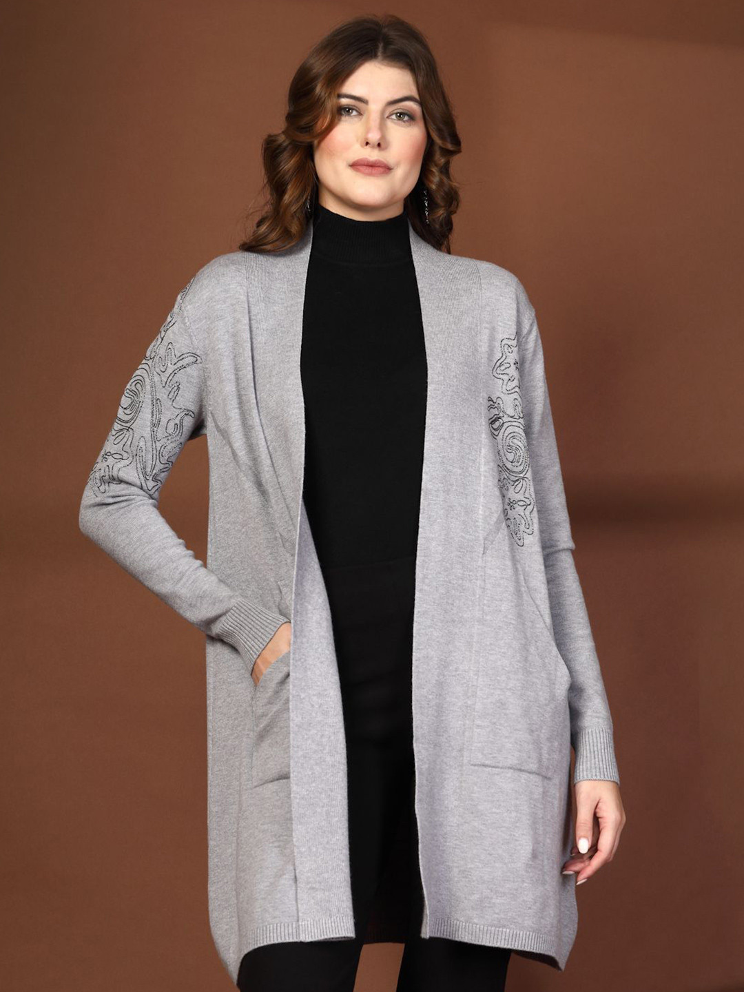 Mafadeny Women's Open-Front Embroidered Long Shrug with Pockets