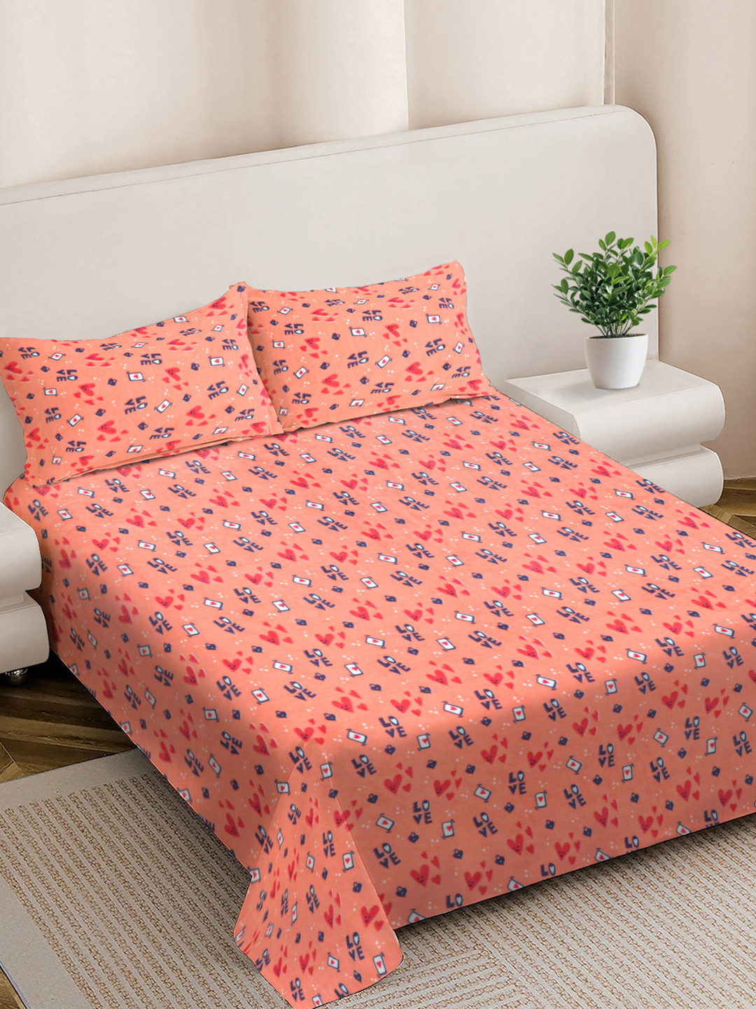 FABINALIV Cartoon Woollen Peach Conversational Wool 300 TC King Fine Bedsheet with 2 Pillow Covers-98 x 89 inches