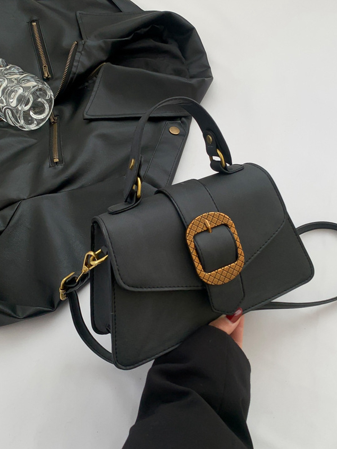 CORSICA Women Black PU Buckle Detail Hand Bag