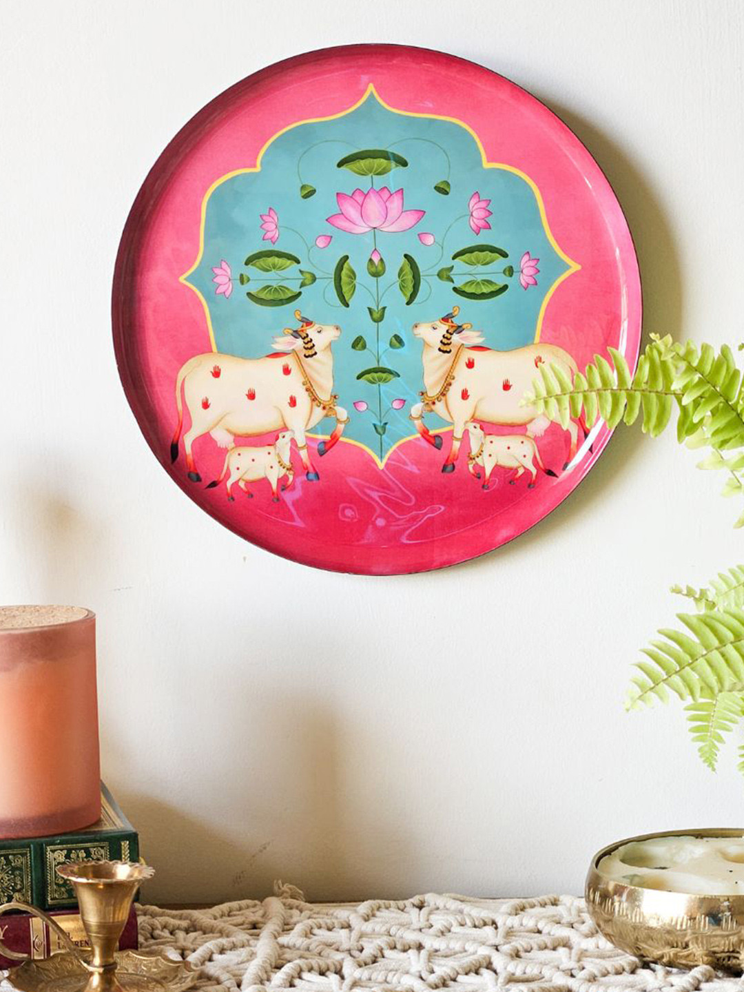 Ritualistic Pichwai Crafted Ceramics Glossy Hanging Hall Wall Plates-10In