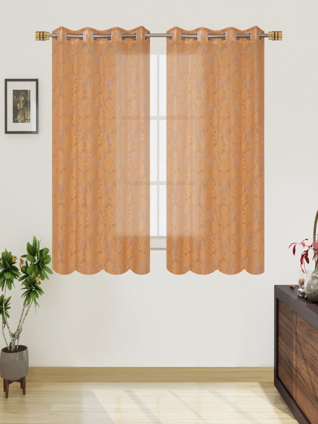 Aura Gold-Toned 2 Pieces Self Design Sheer Window Curtains