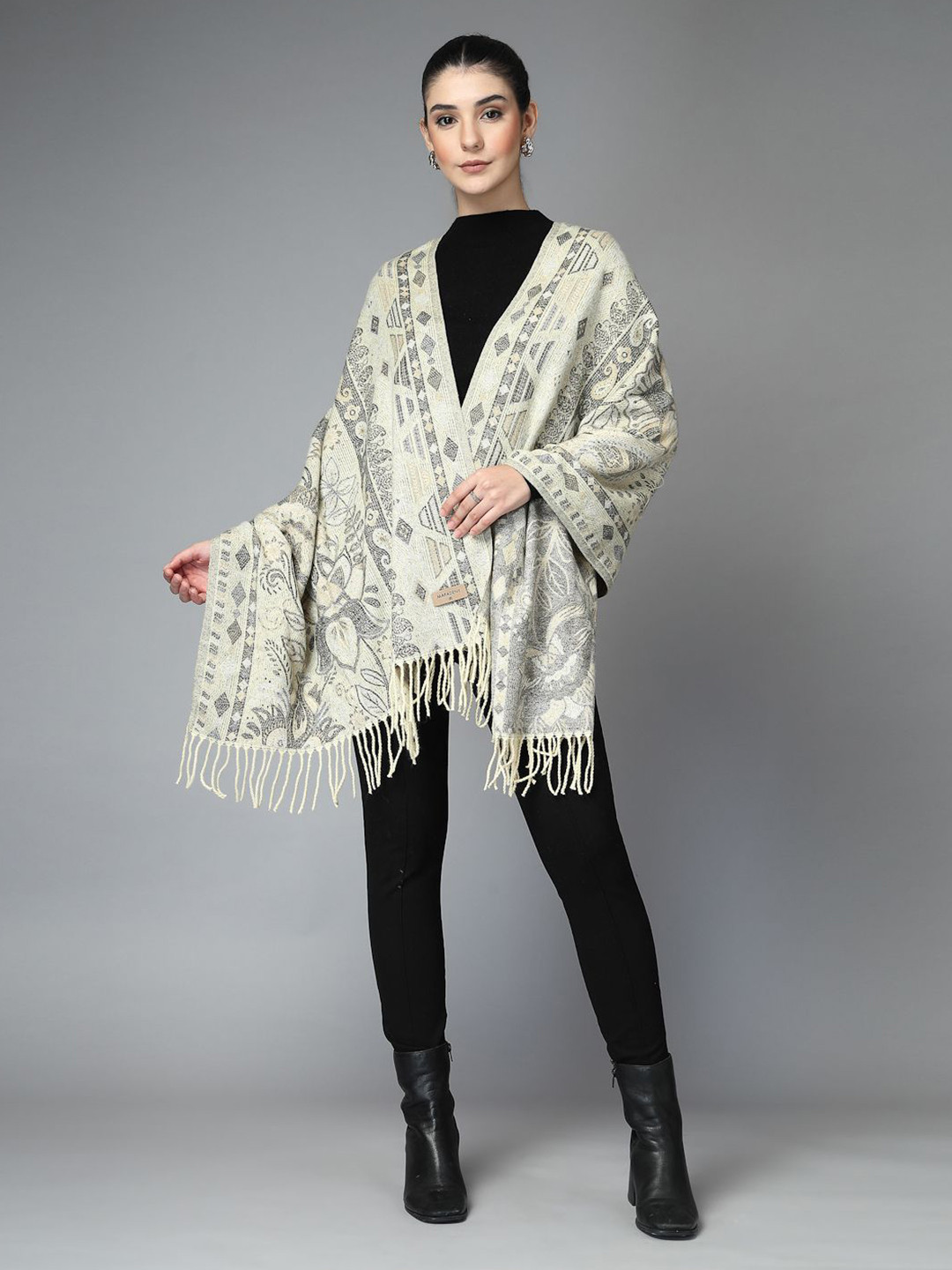 Mafadeny Women Wool Printed  fringe border Stole