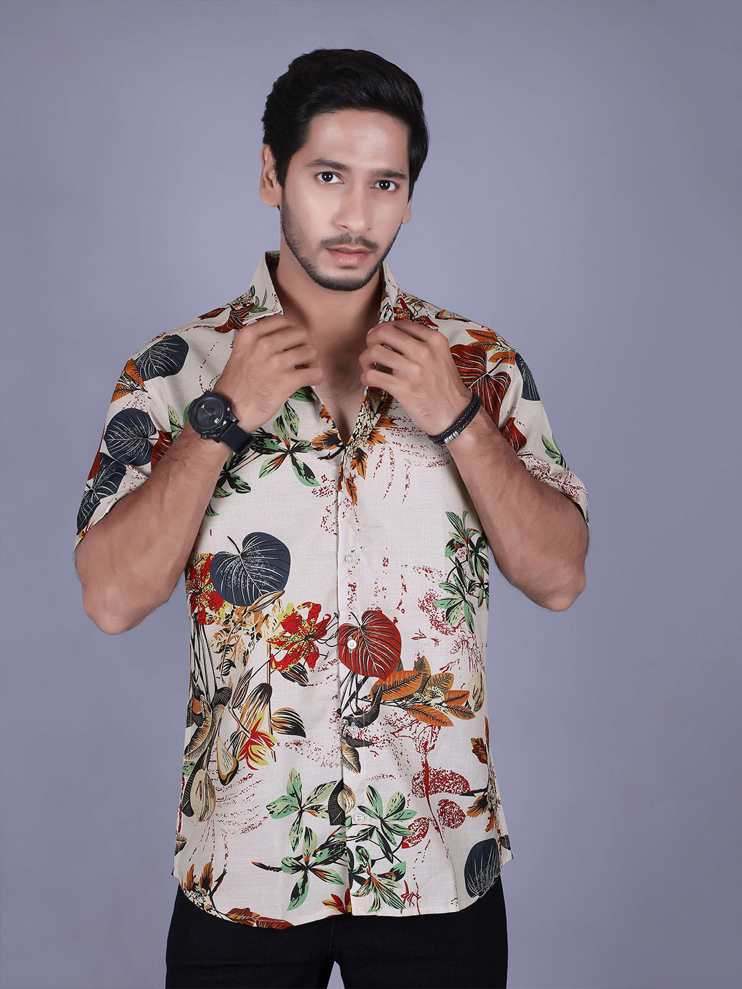 Mast & Harbour Men Standard Regular Fit Leaf Printed Spread Collar Casual Shirt