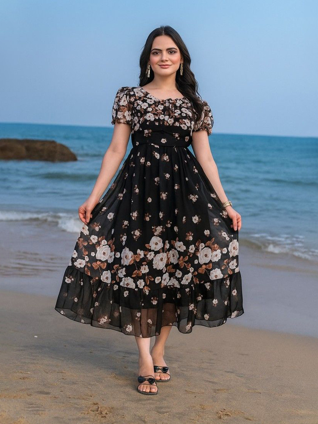NARI DREAM Women Floral Printed Georgette A-Line Dress