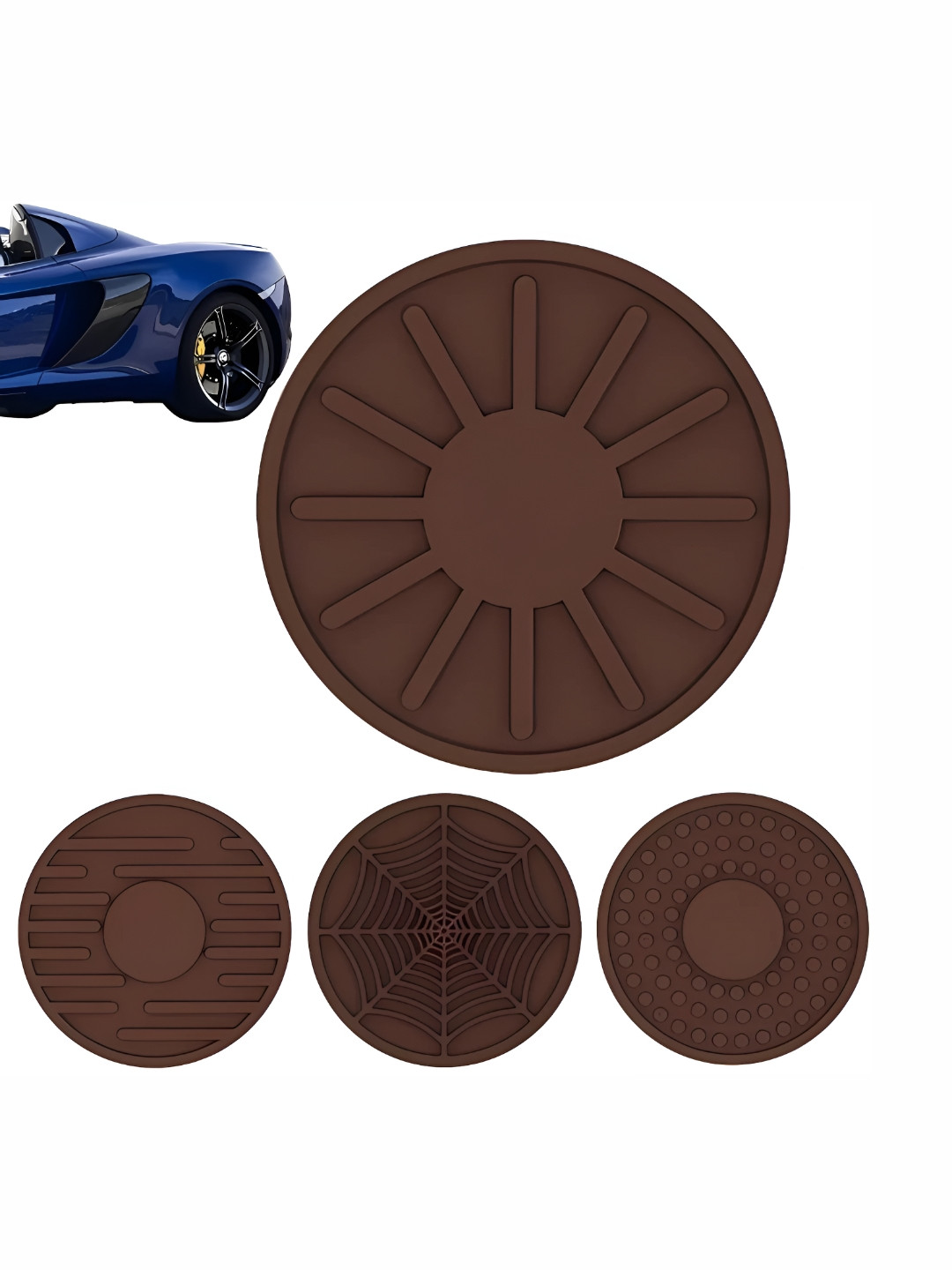 We3 4 Pieces Brown Assorted Pattern Round Car Coasters