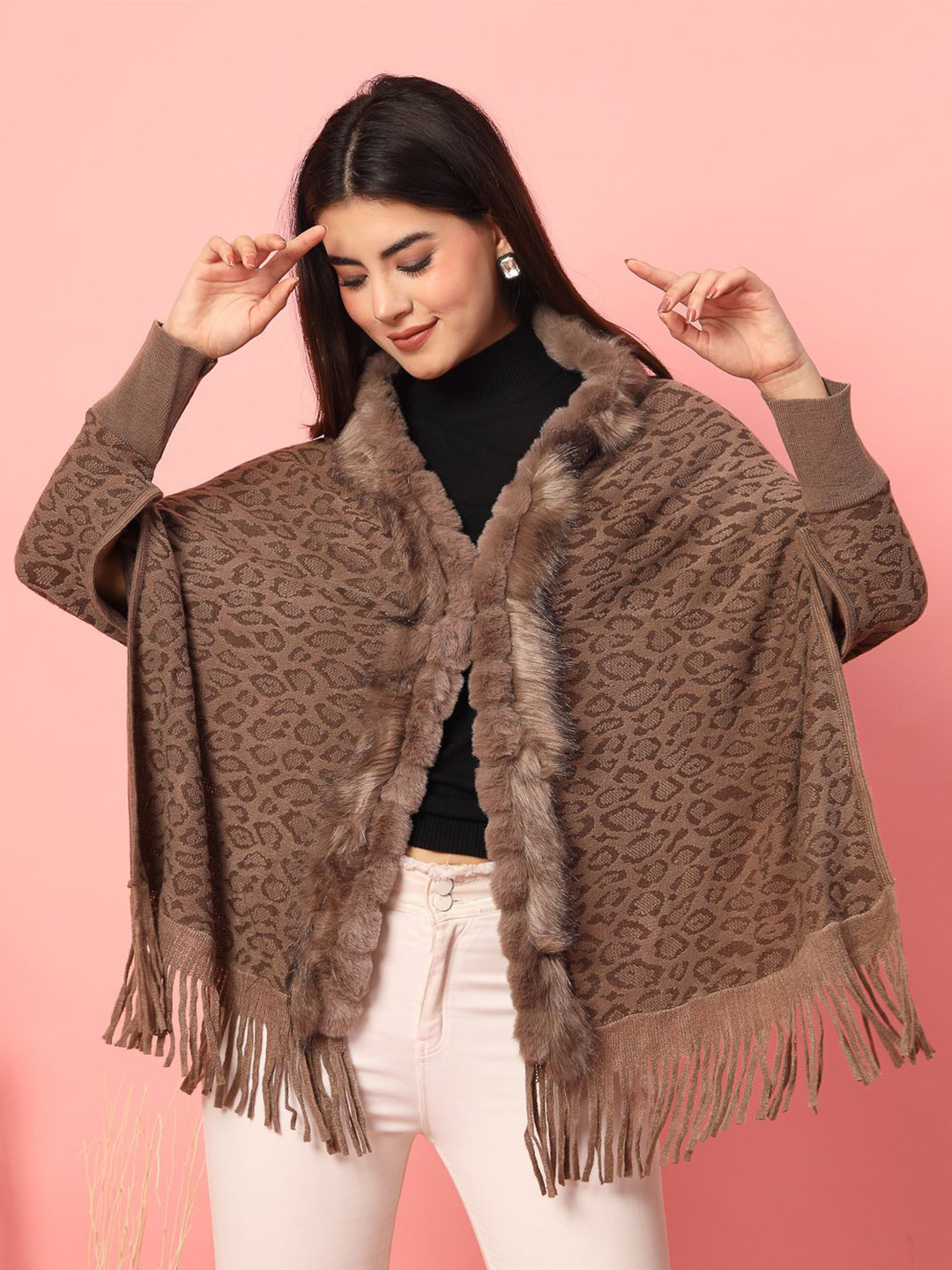 Mafadeny Women's Faux Fur Border and Fringe Animal Print winter Poncho