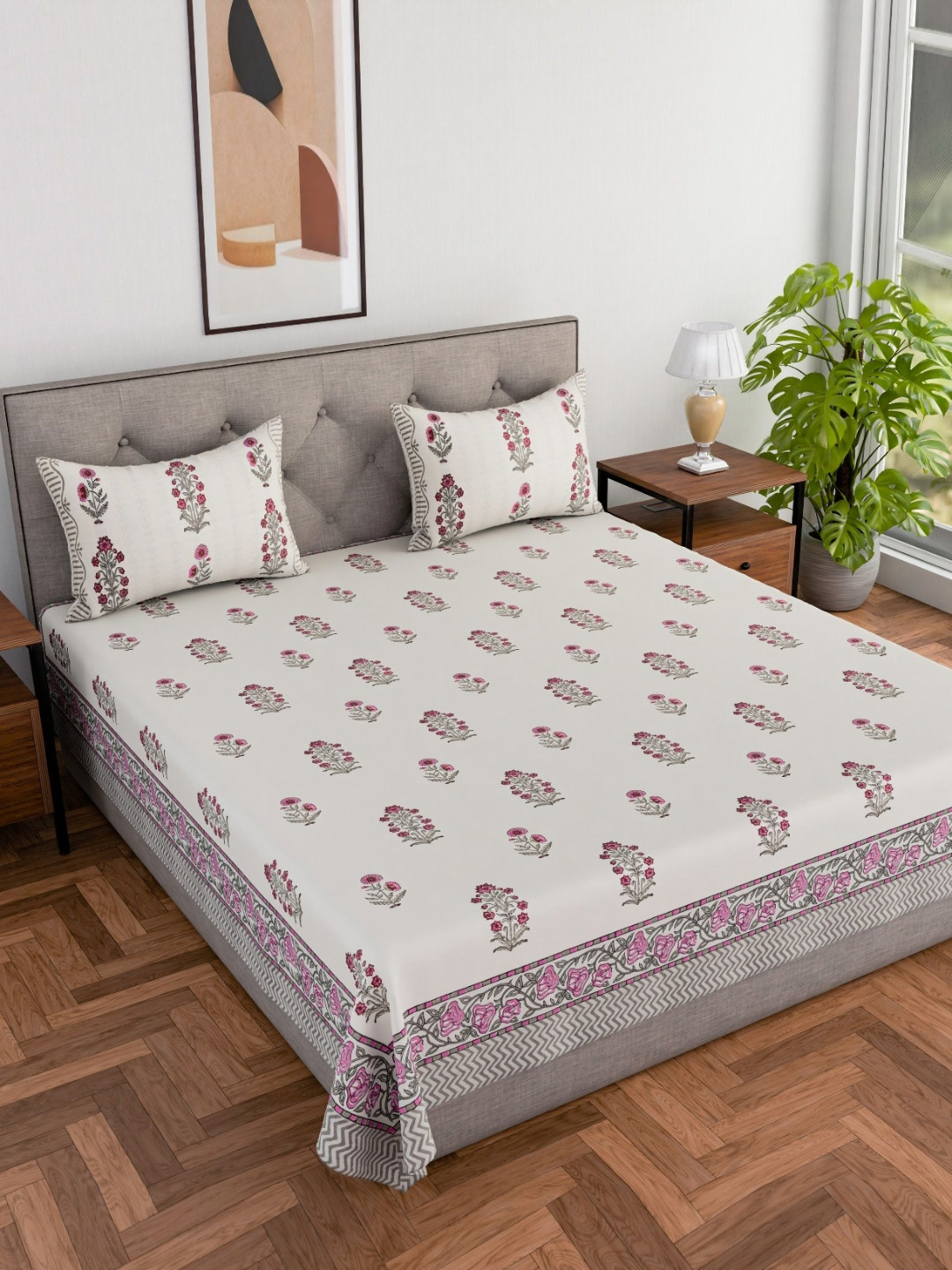 Jaipur Dohar White Floral Printed Cotton 240 TC King Size Bedsheet With 2 Pillow Covers