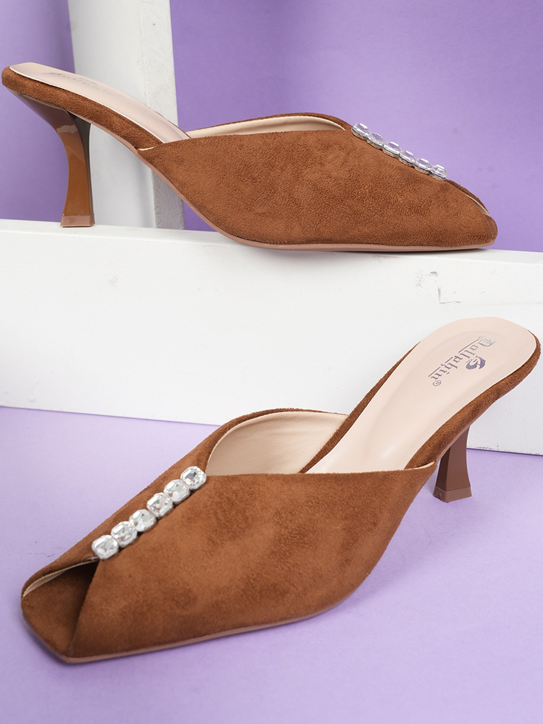 Dollphin Women Tan Embellished Square Toe Open Back Suede Material Slim Heel Mules