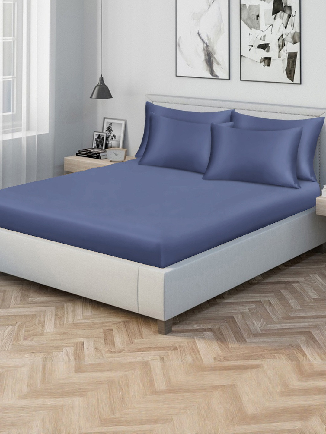 KLOTTHE  Pack of 5 Blue 300 TC King Bedsheet with 4 Pillow Covers