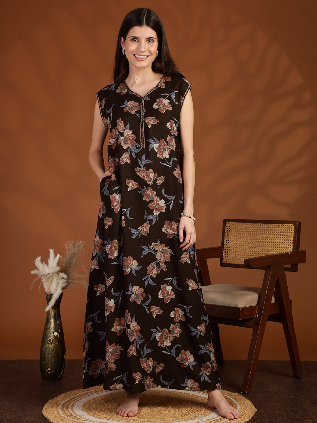 9shines Label Women Brown Everday Front Zip Maxi Nightdress