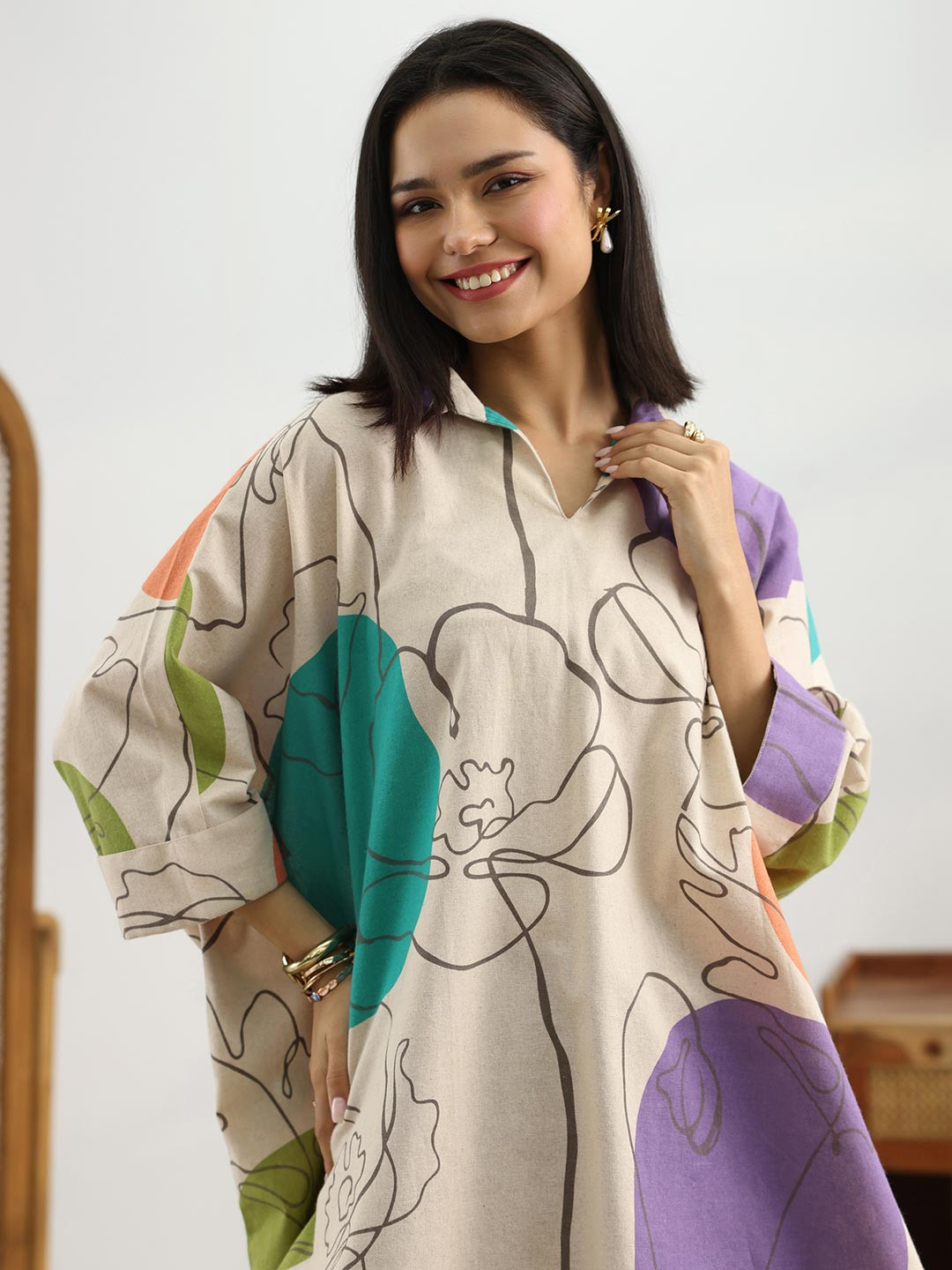Libas Women Off White Printed Cotton Straight Short Kurti