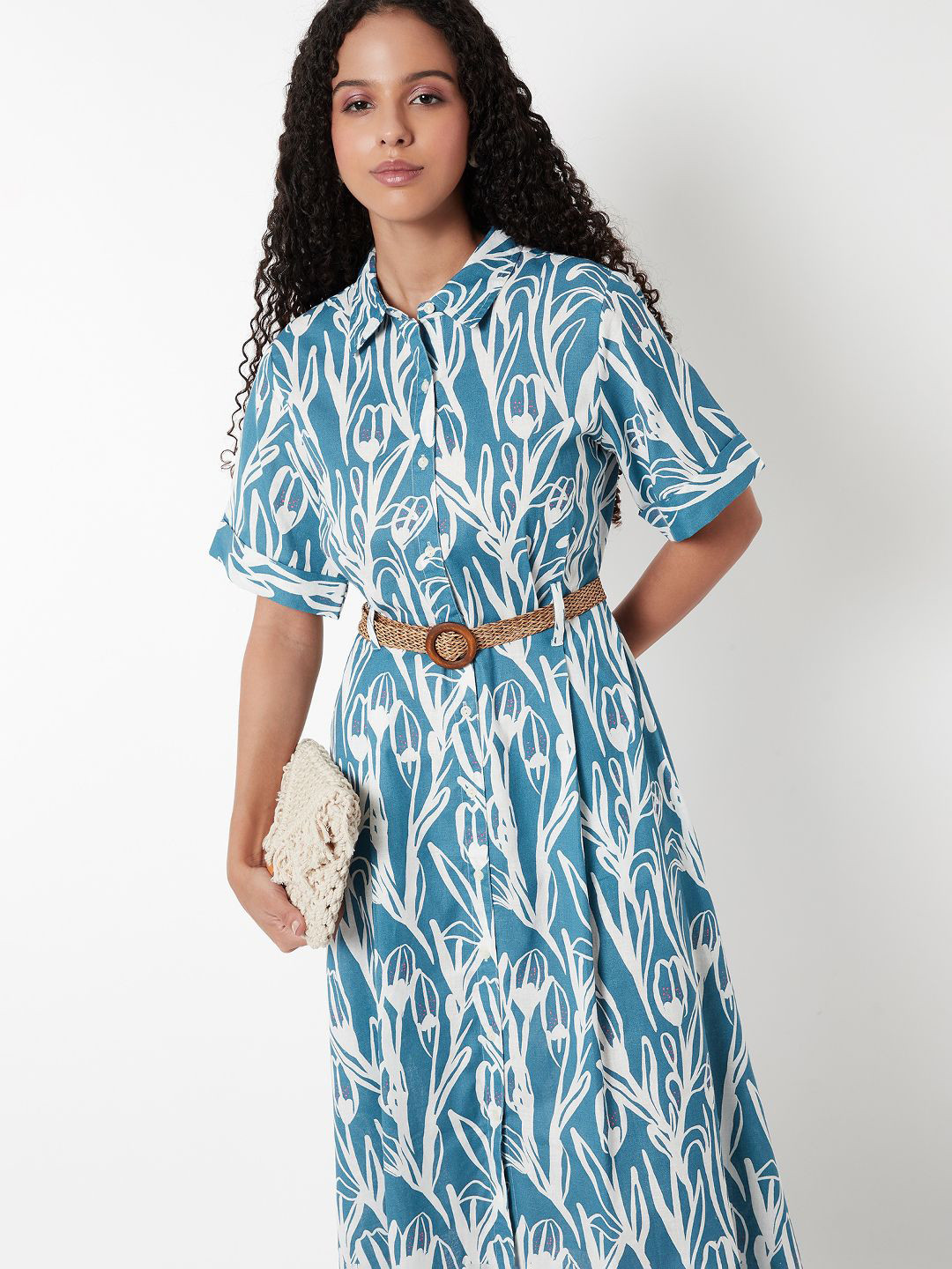 max Women Foral Printed Shirt Collar Cotton Shirt Midi Dress