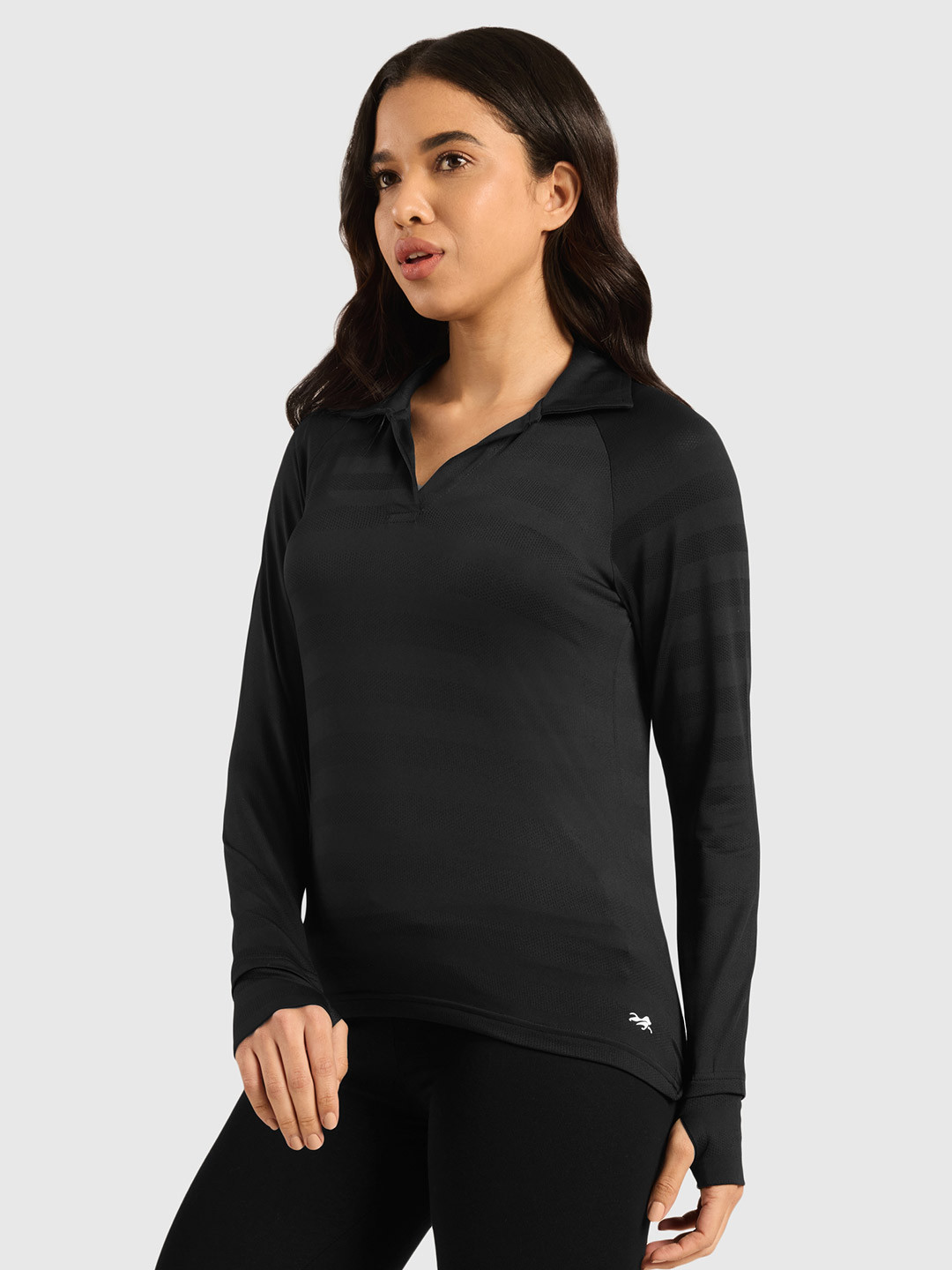 Musclemind Vogue Women Self Design Full Sleeves Polo Collar T-shirt