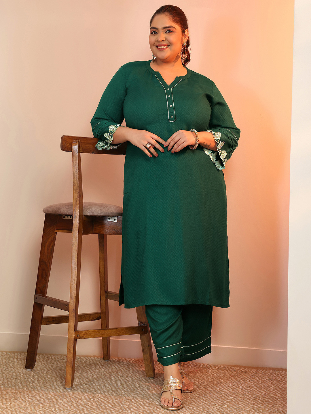 EXTRA LOVE BY LIBAS Plus Size Checked Mandarin Collar Thread Work Kurta With Trousers