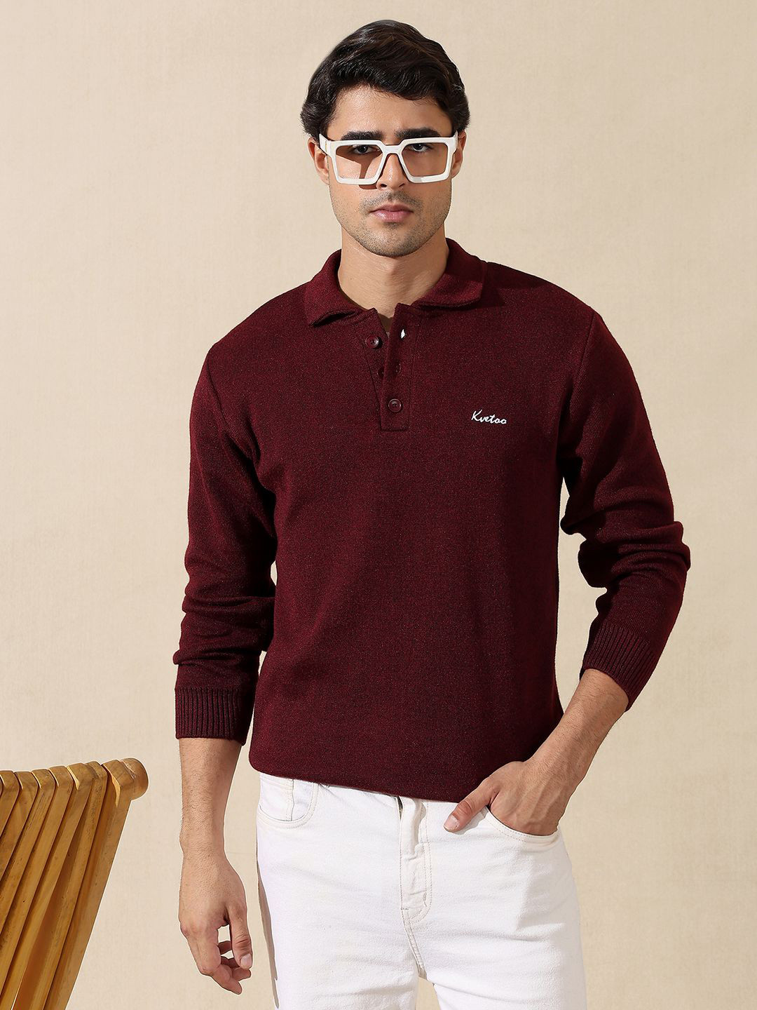 KVETOO Men Polo Collar Full Sleeve Cardigan