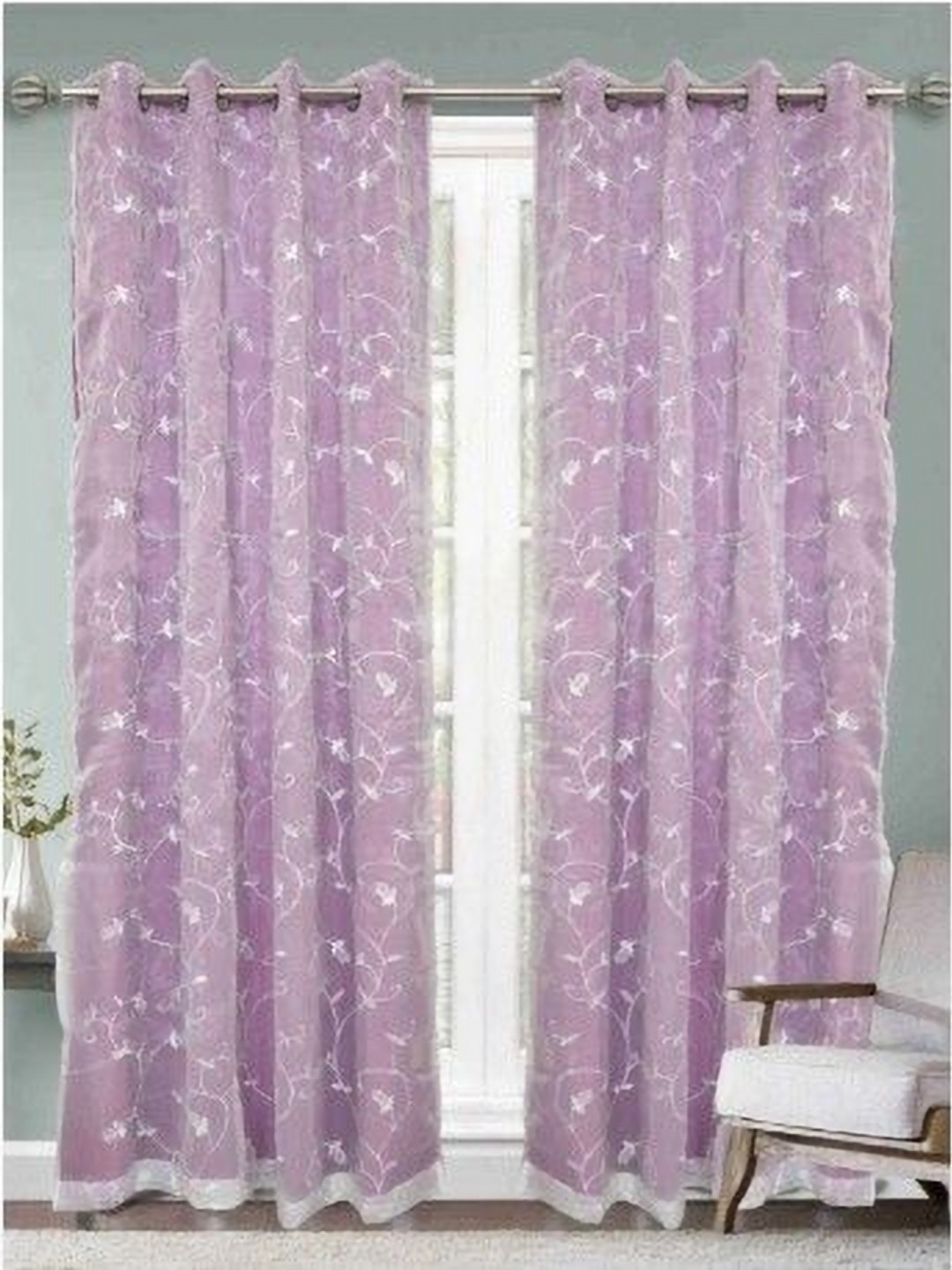Aura Purple & White 2 Pieces Floral Embroidered Velvet Long Door Curtains