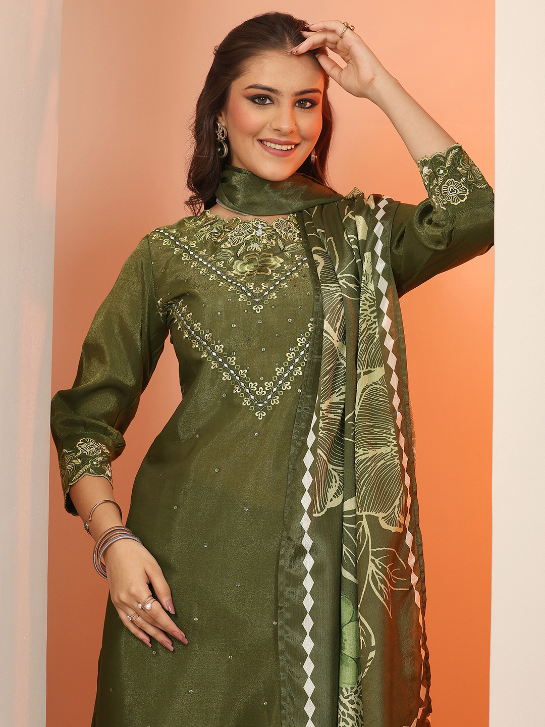 Libas Floral Embroidered Round Neck Sequinned Straight Kurta With Palazzos And Dupatta