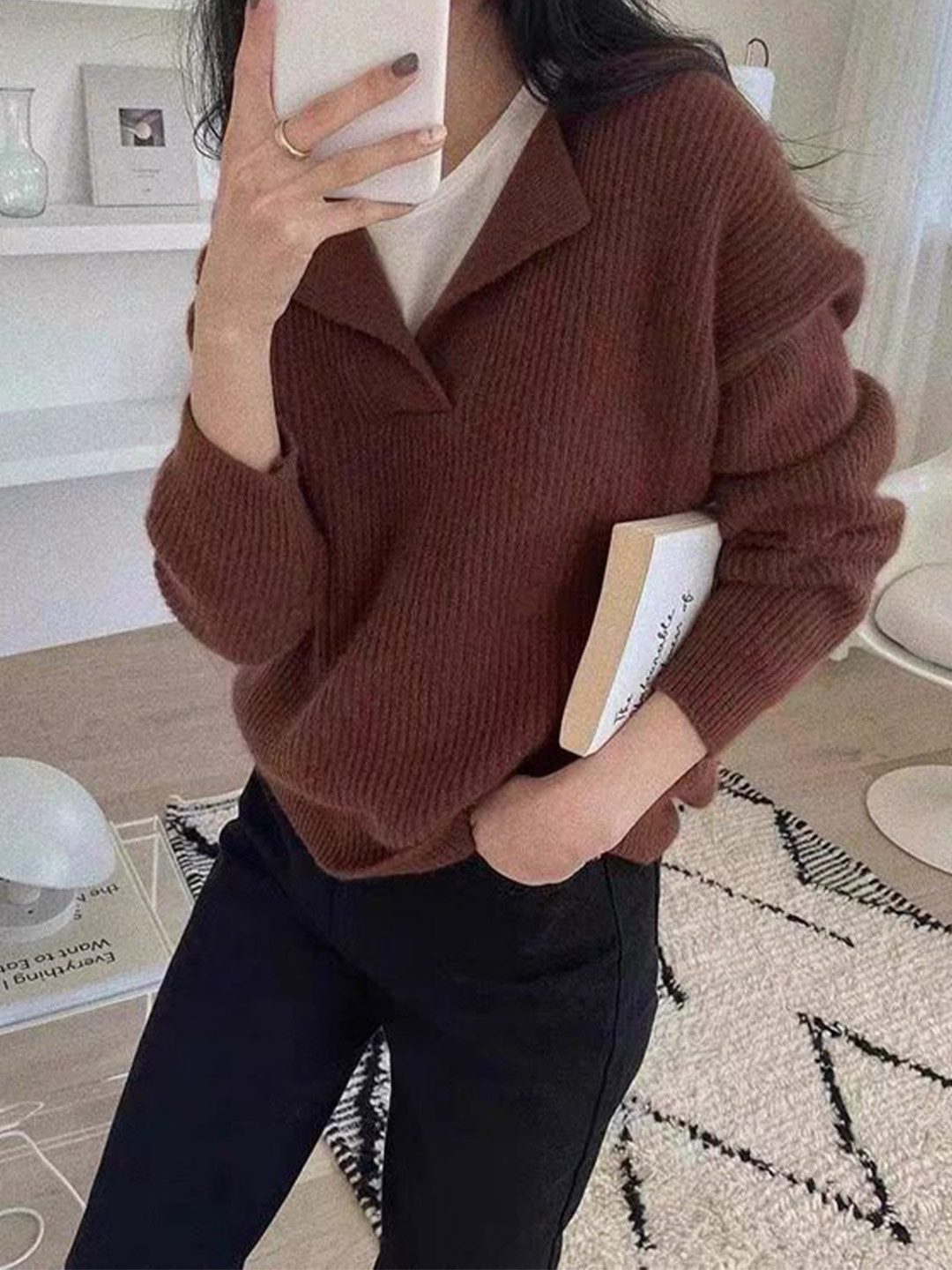 StyleCast Women Ribbed Long Sleeves Shirt Collar Sweaters