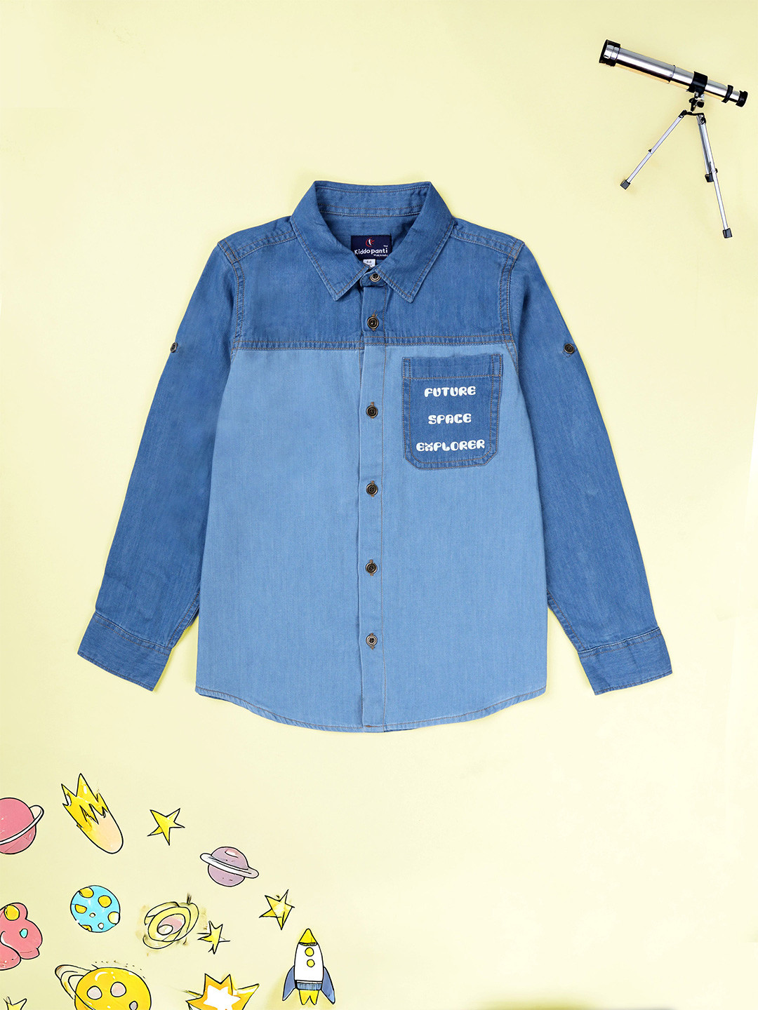 KiddoPanti Boys Future Space Explorer Printed Pure Cotton Casual Denim Shirt
