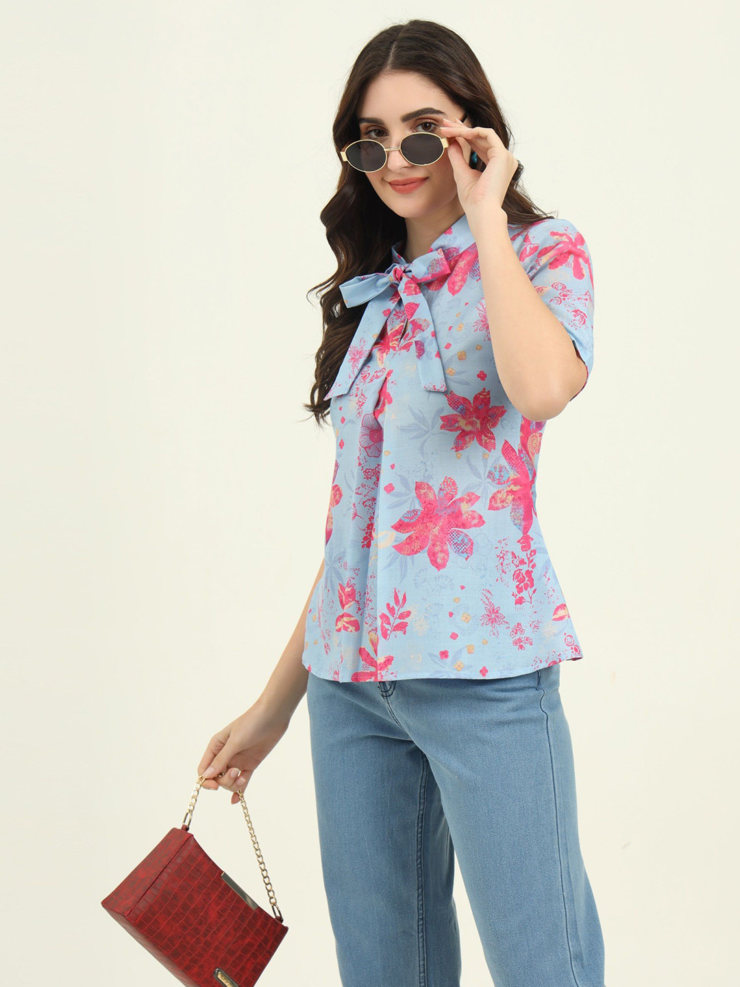 JDS LIFESTYLE Women Floral Printed Bow Shirt Style Crop Top