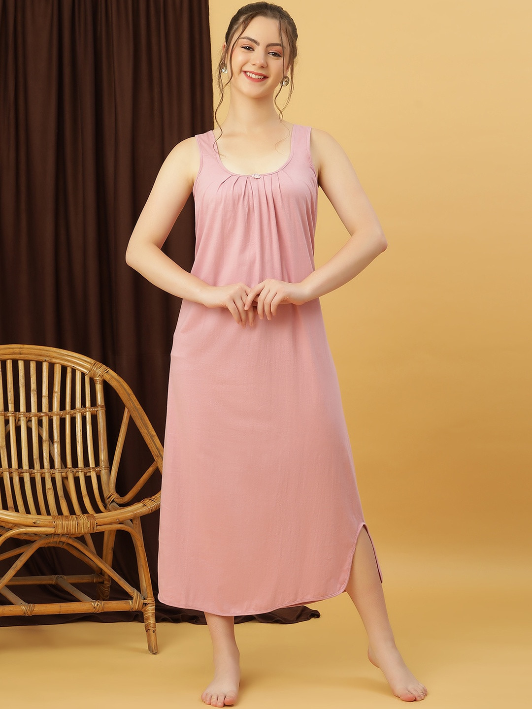 GANIX FASHION THAT DEFINE YOU Women Pink Round Neck Pleated Cotton Maxi Nightdress