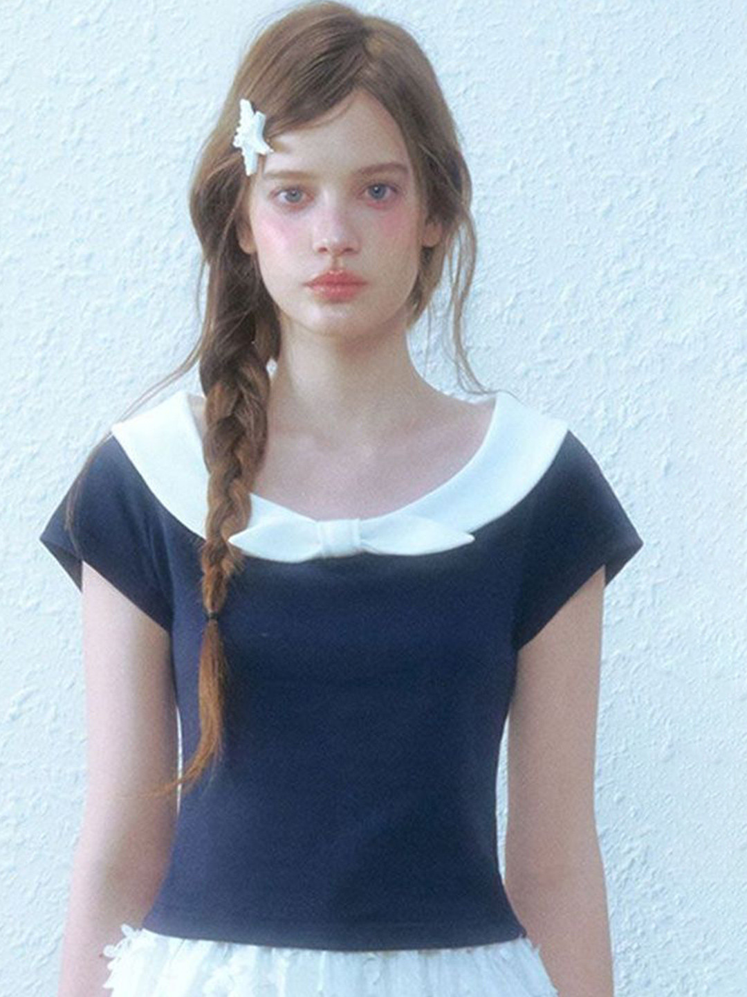 LULU & SKY Women Navy Blue Bow Accent Boat Neck Top