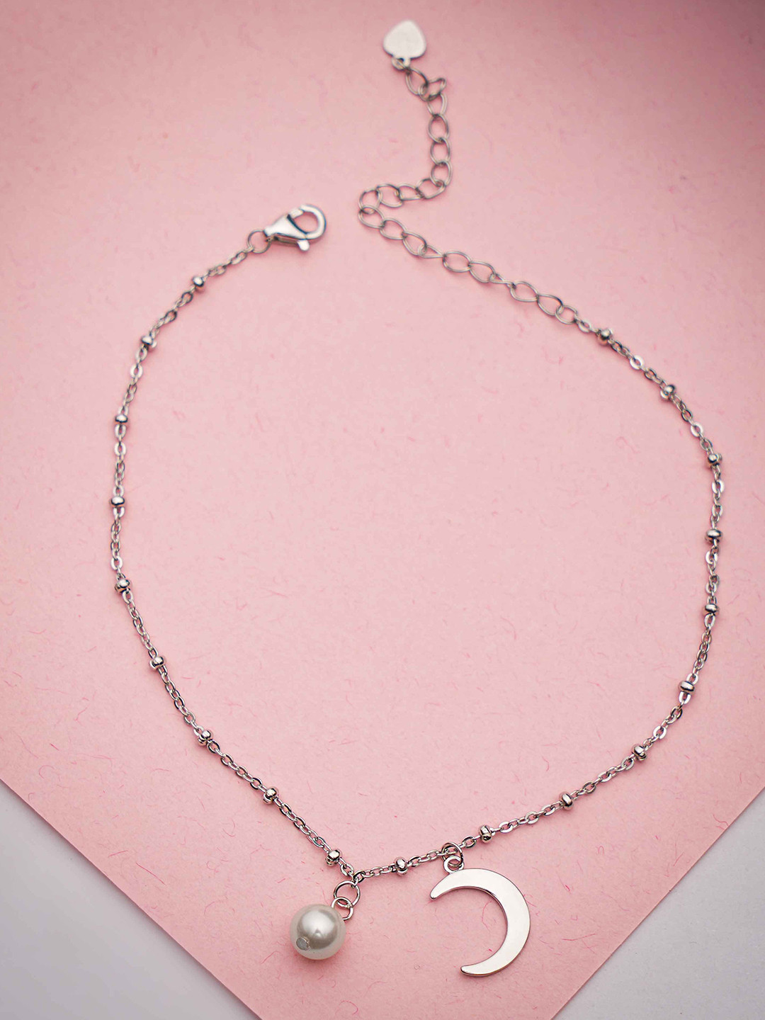 DIAVO Silver Rhodium-Plated Pearls Beaded Levana Pearl Dainty Charm Anklet