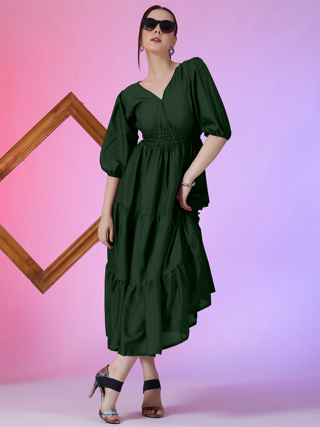 Krunal Raiyani Women V-Neck Smoked Tiered Fit & Flare Midi Dress