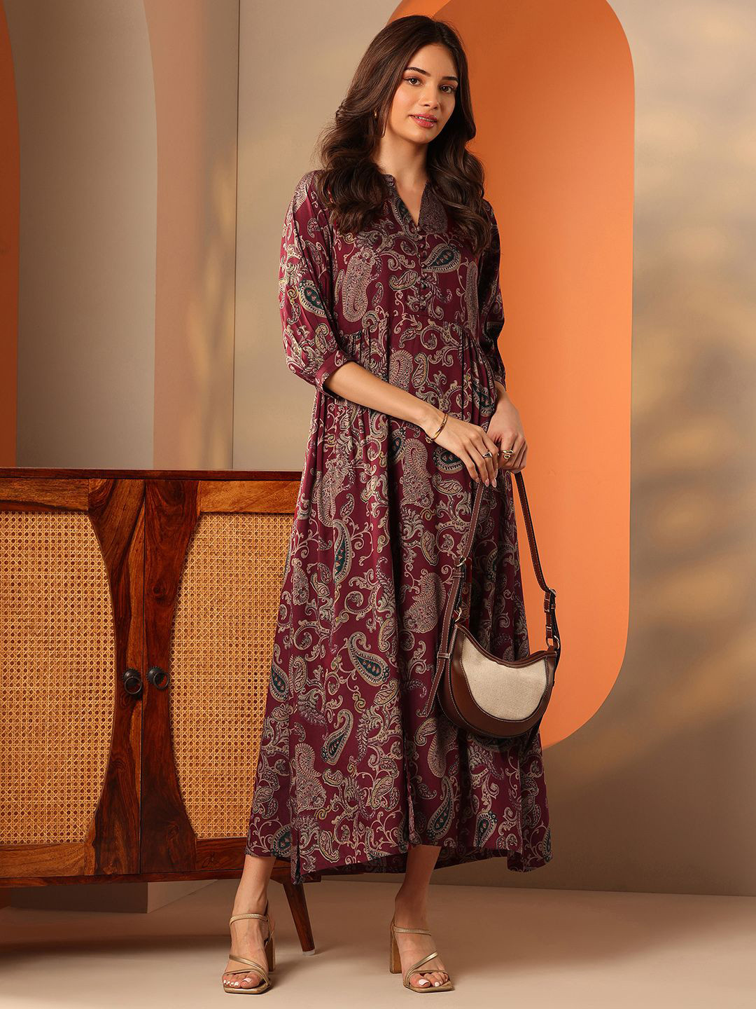 Libas Paisley Print Cuffed Sleeves Fit & Flare Maxi Dress