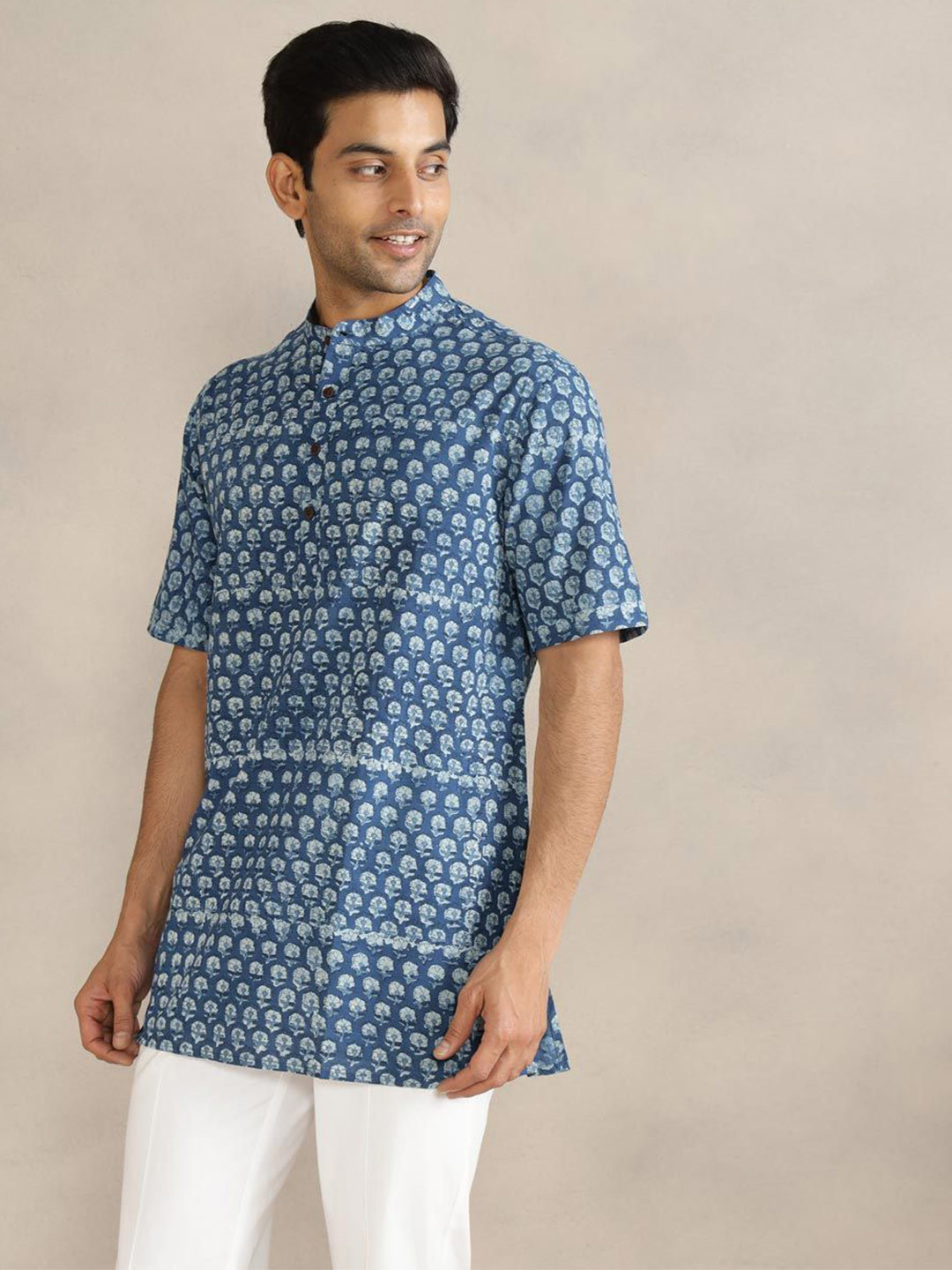 Fabindia Floral Printed Band Collar Straight Cotton Kurta