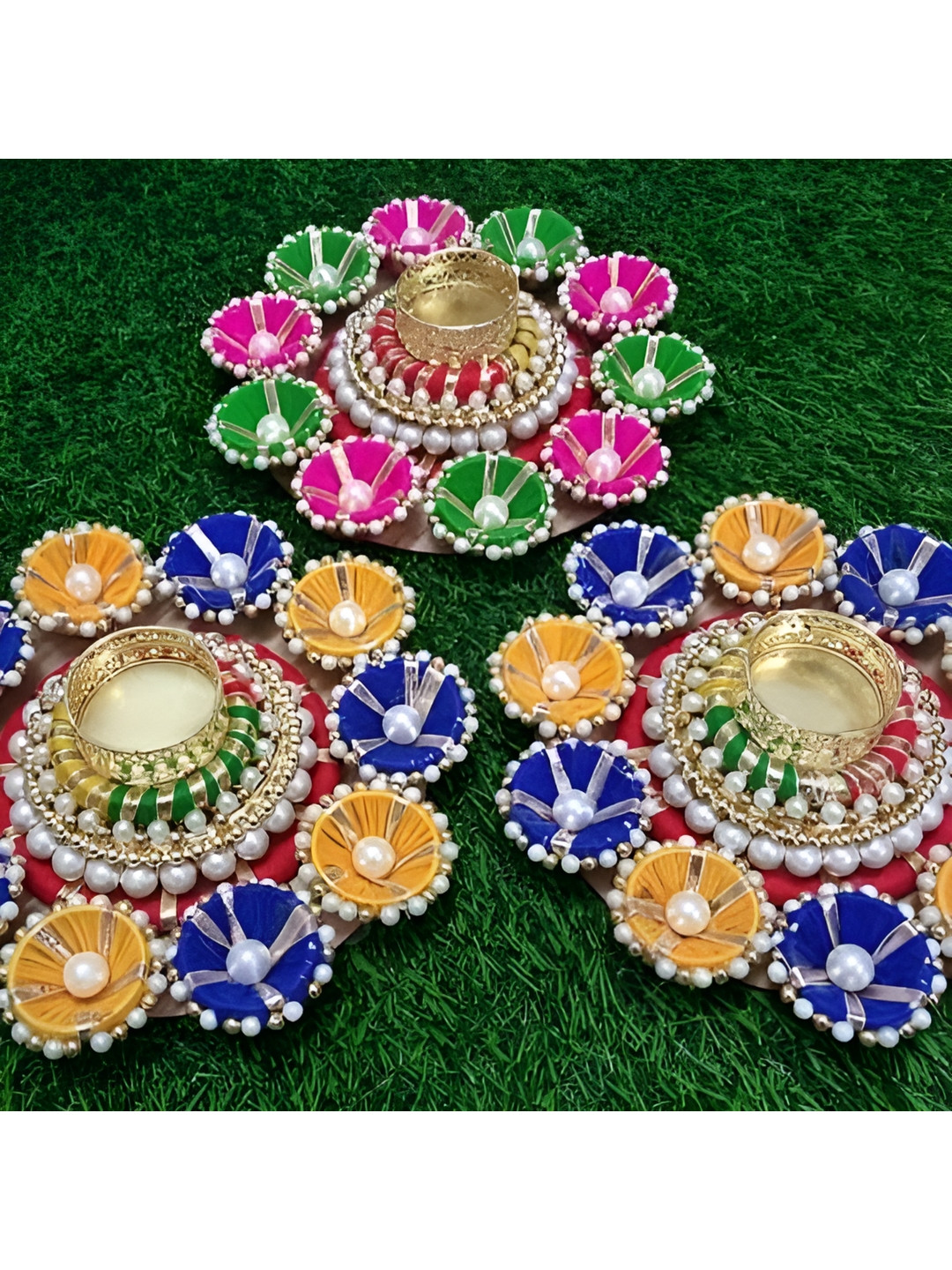 Sellplus 3-Pcs Blue & Pink Embellished Candle Holder