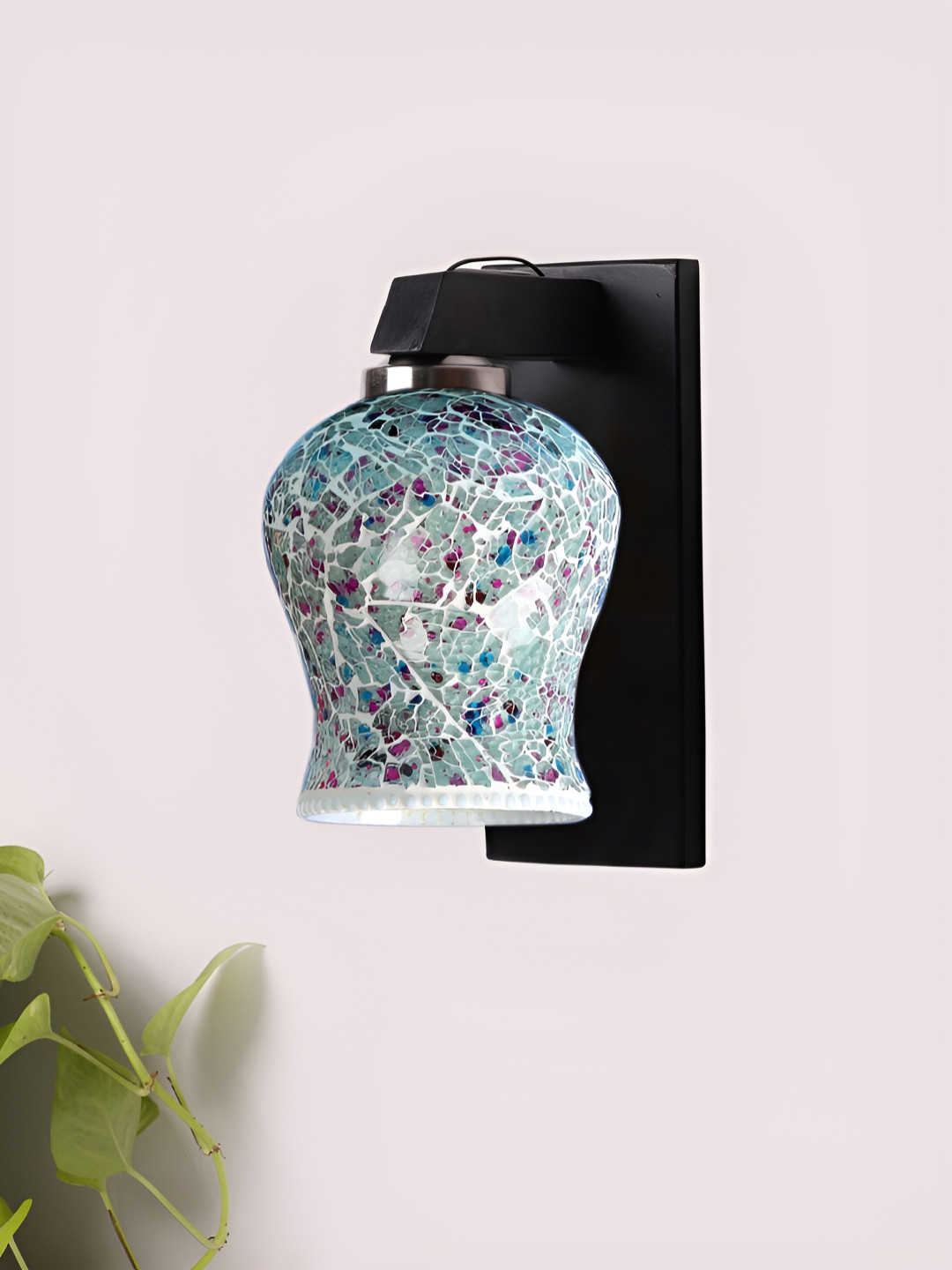 Devansh Black & Blue Printed Wooden Bell Shaped Shaped Wall Lamp With Mosaic Glass