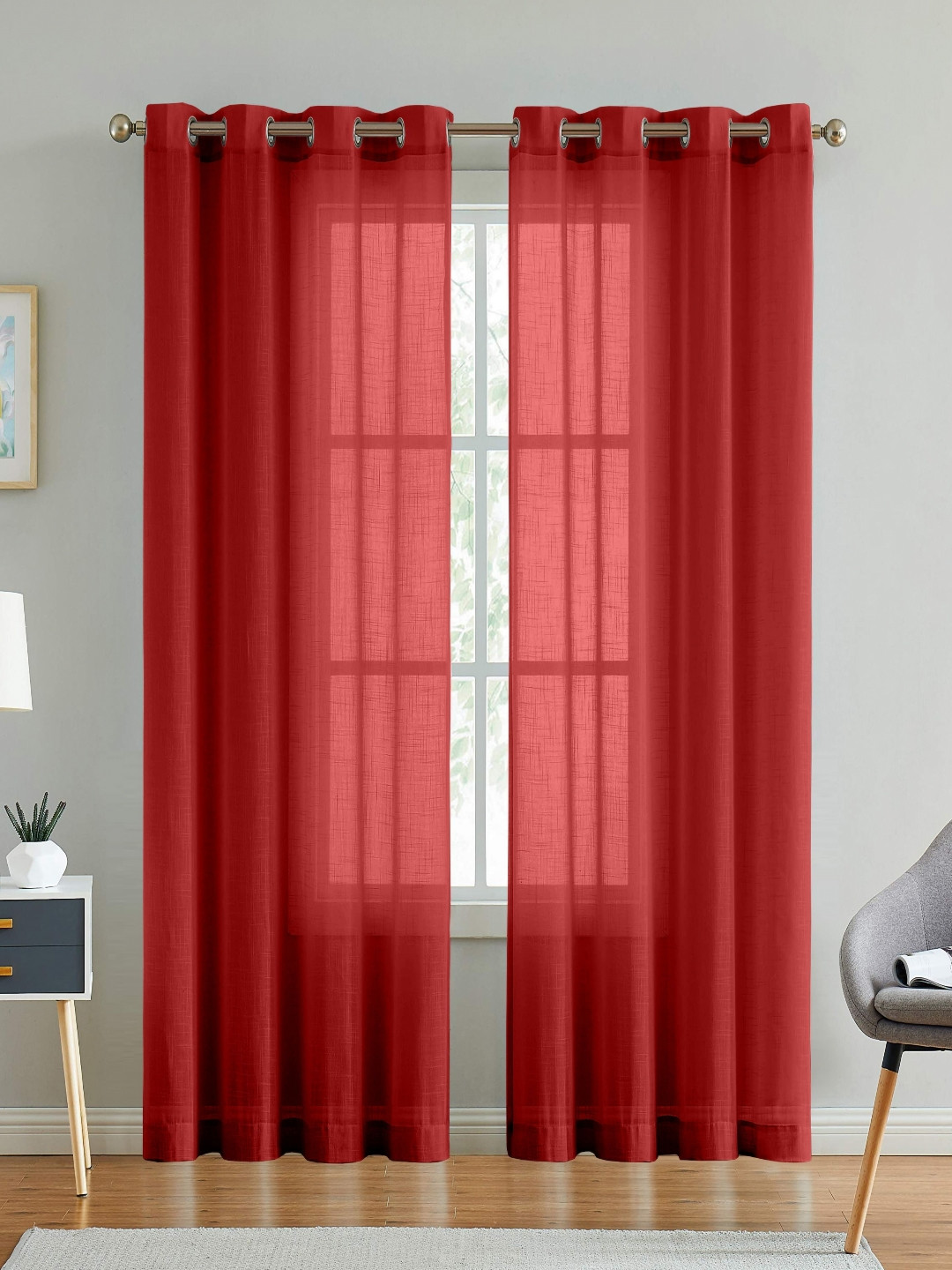 Aura Red 2 Pieces Linen Window Curtains
