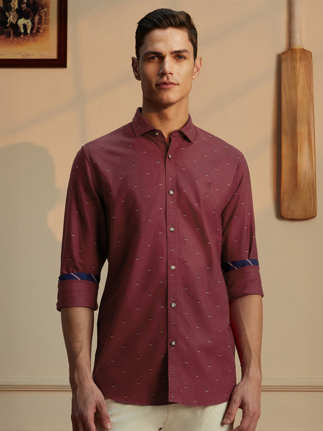Peter England Casuals Slim Fit Printed Cricket Inspired Pure Cotton Casual Shirt