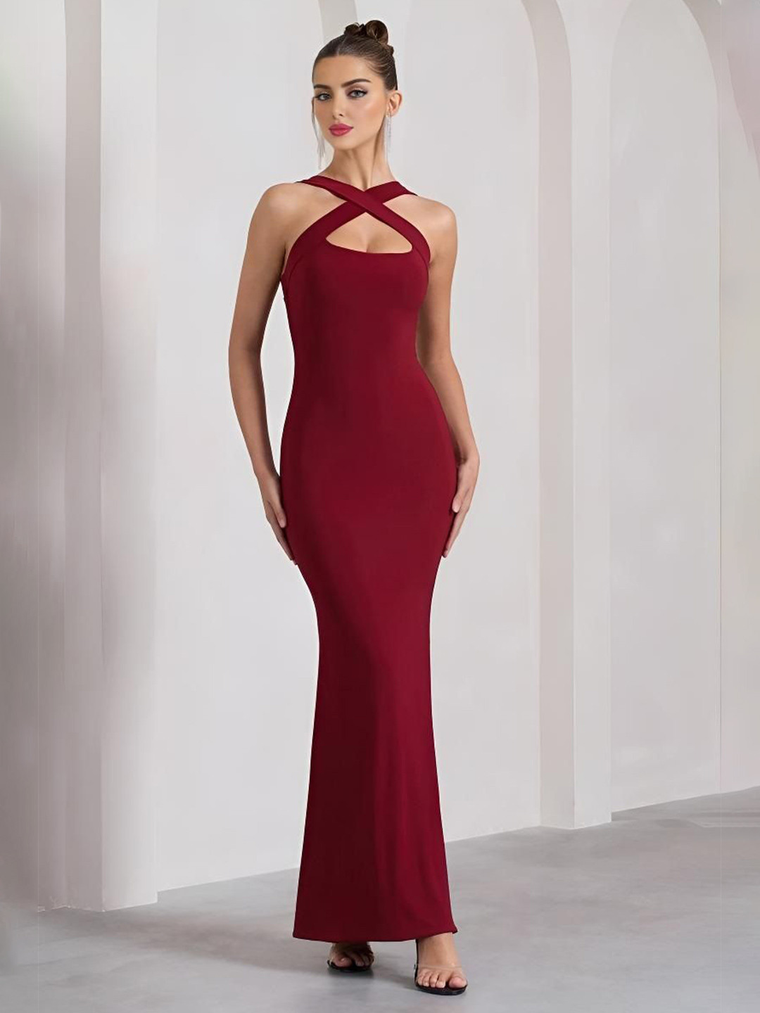 R.Code by The Roadster Life Co.Women Cut-Outs Shoulder Straps Ruched Crepe Maxi Dress