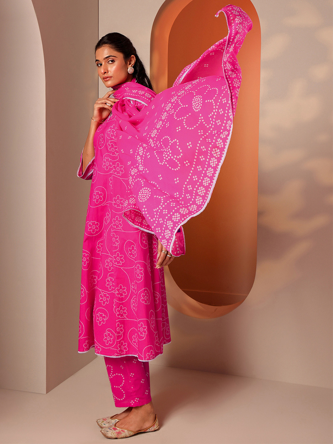 Libas Bandhani Printed V-Neck Curved A-Line Kurta With Trousers & Dupatta
