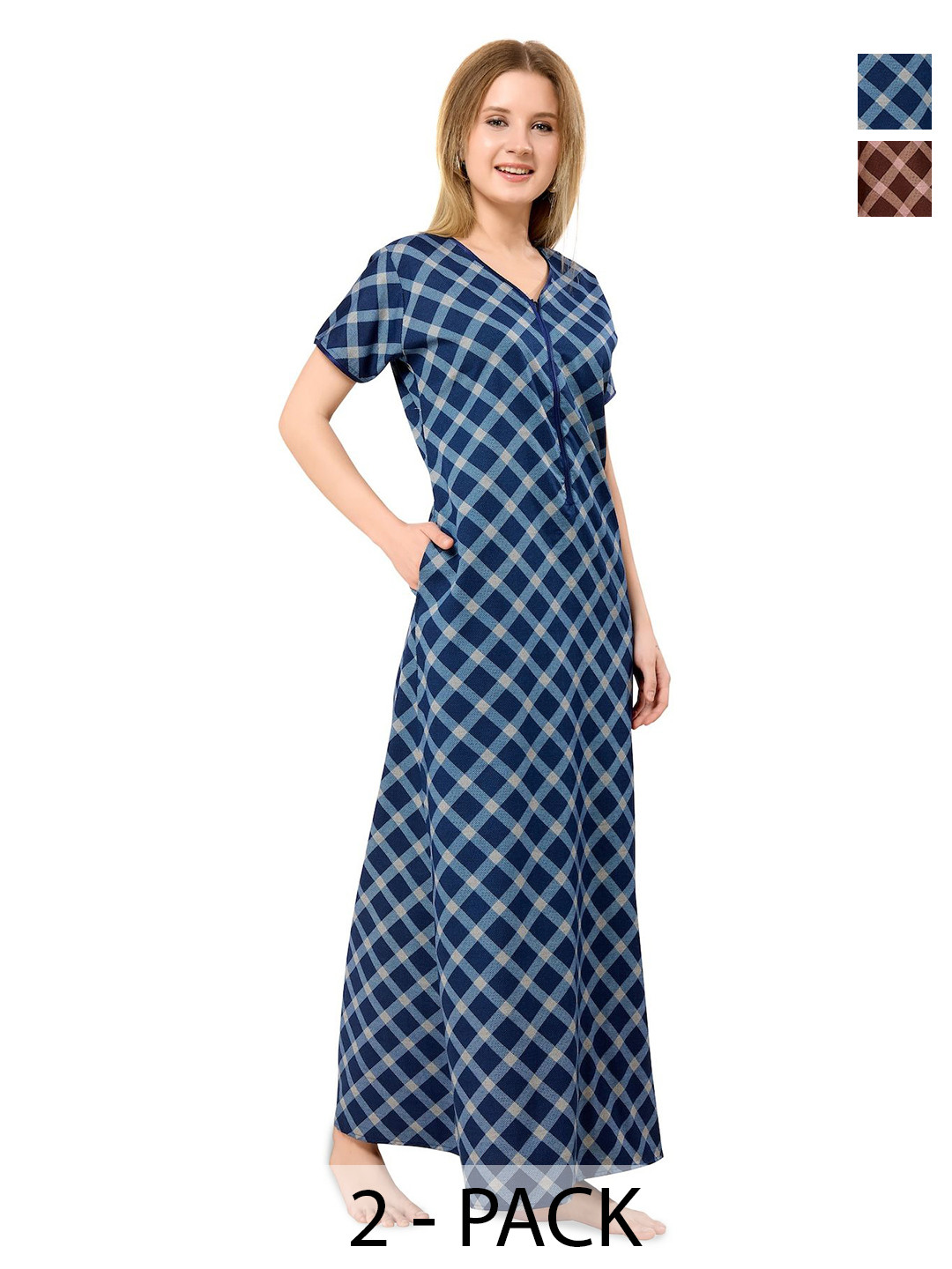 Piu Women Pack Of 2 Checked Front Zipper Maxi Nightdress