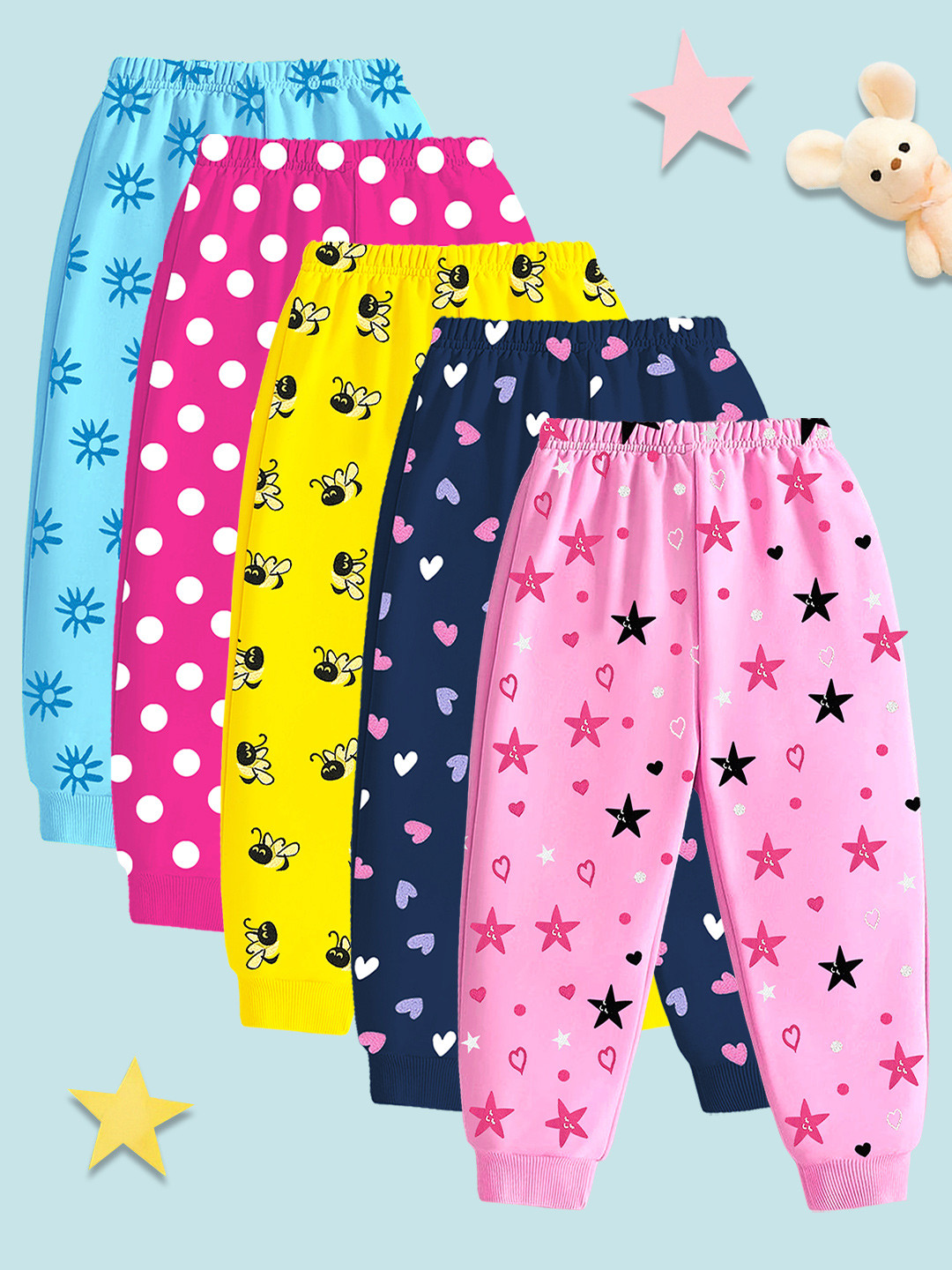 YK Girls Pack Of 5 Printed Mid Rise Regular Pyjamas