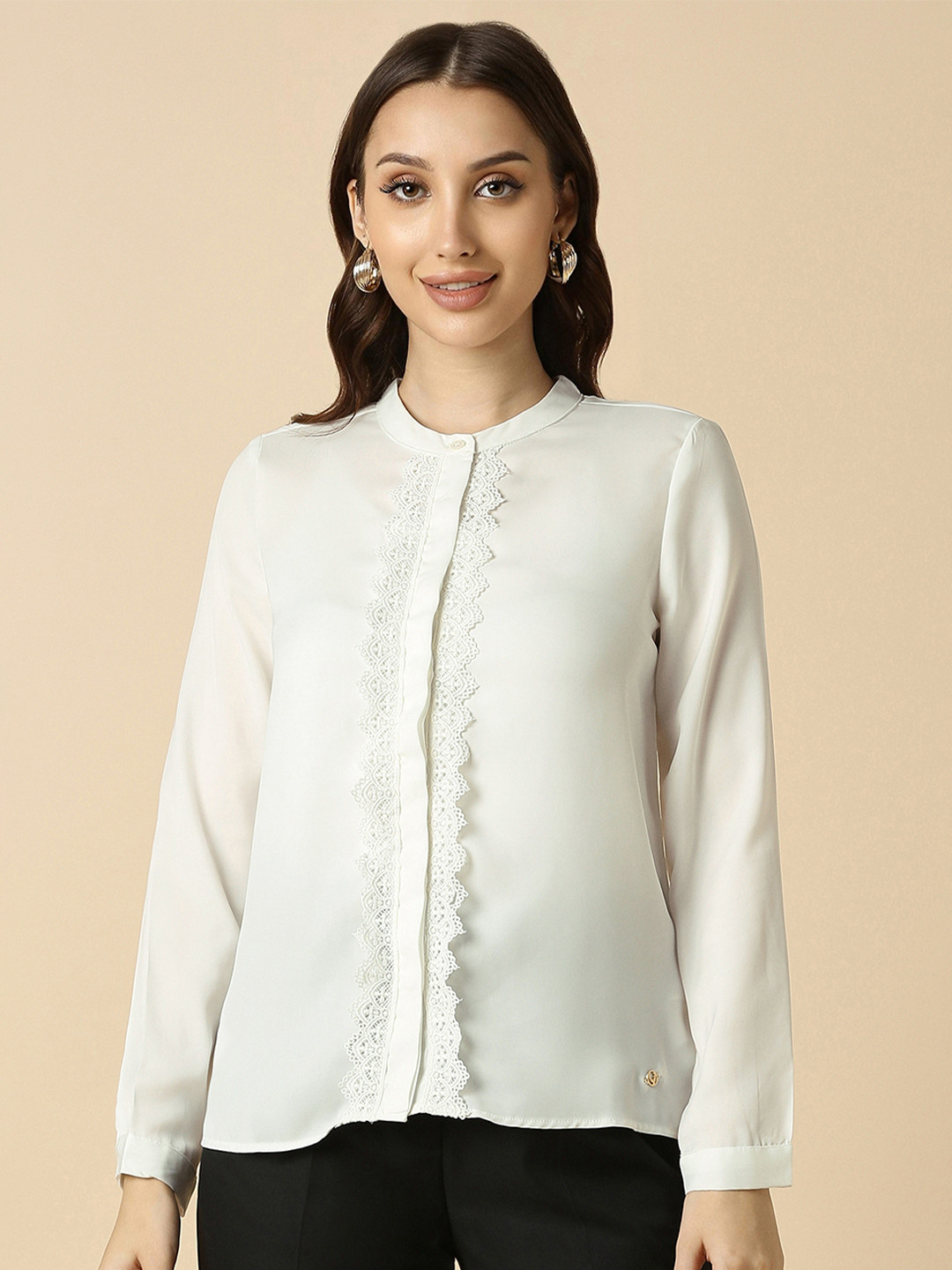 Allen Solly Woman Band Collar Lace Inserts Casual Shirt