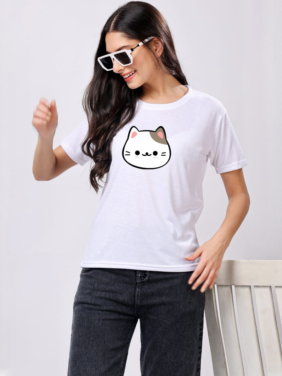Moda Rapido Women Cute Cat Face Printed Round Neck T-shirt