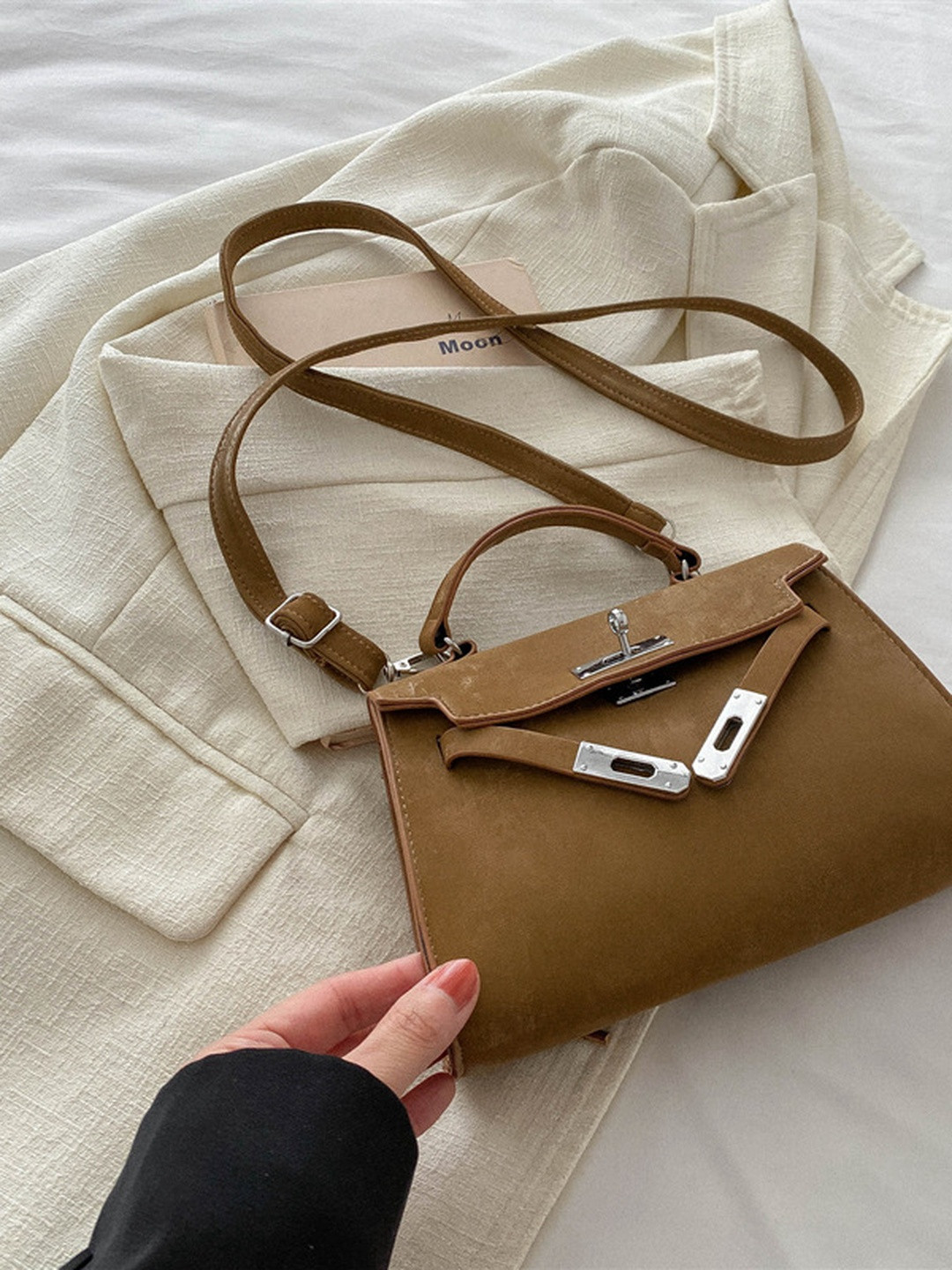 CORSICA Women Brown Suede Finish Rectangular Shape Handbag