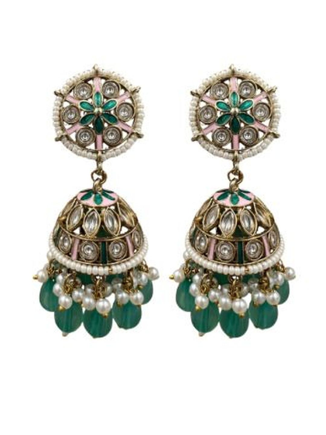 Fashion Theme Women Green Kundan & Pearl Jhumka Earrings