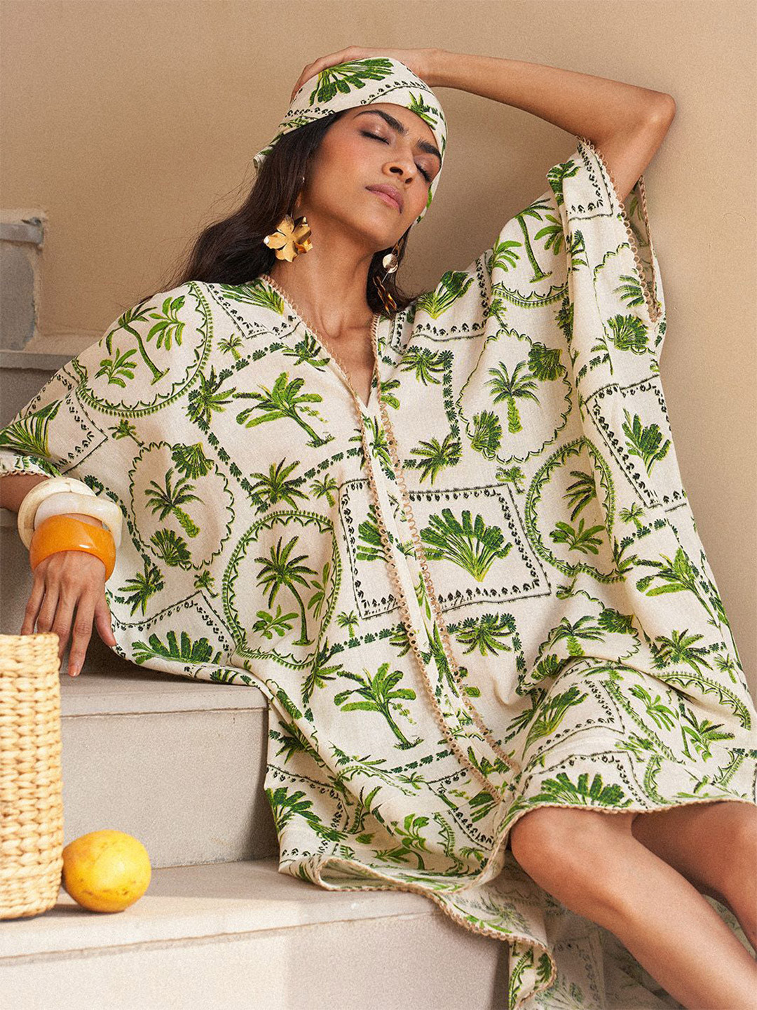 HOUSE OF FETT The Long Weekend Drop-2 Women Ethnic Motifs Palm Printed Kaftan Dress