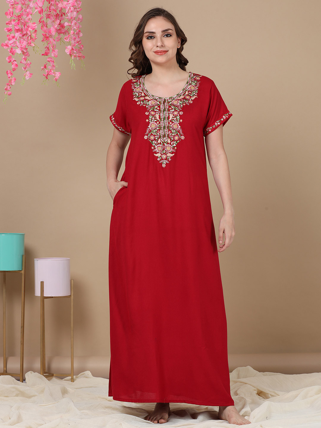 9shines Label Maroon Embroidered Solid Maxi Nightdress