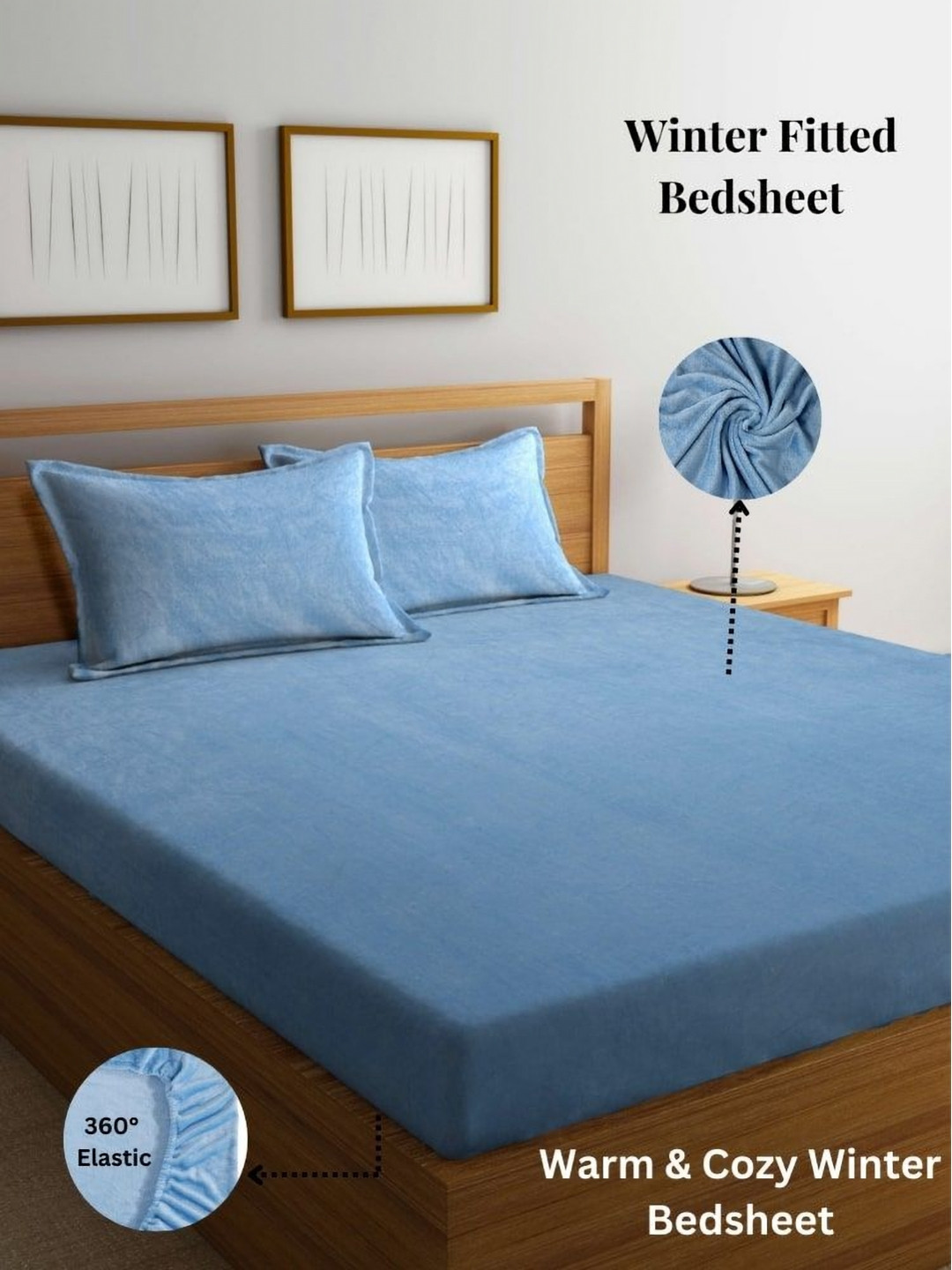 Aura SkyBlue Solid Woolen King Size Winter Fitted Bedsheet & 2 Pillow Covers 2.35 mX2.15 m
