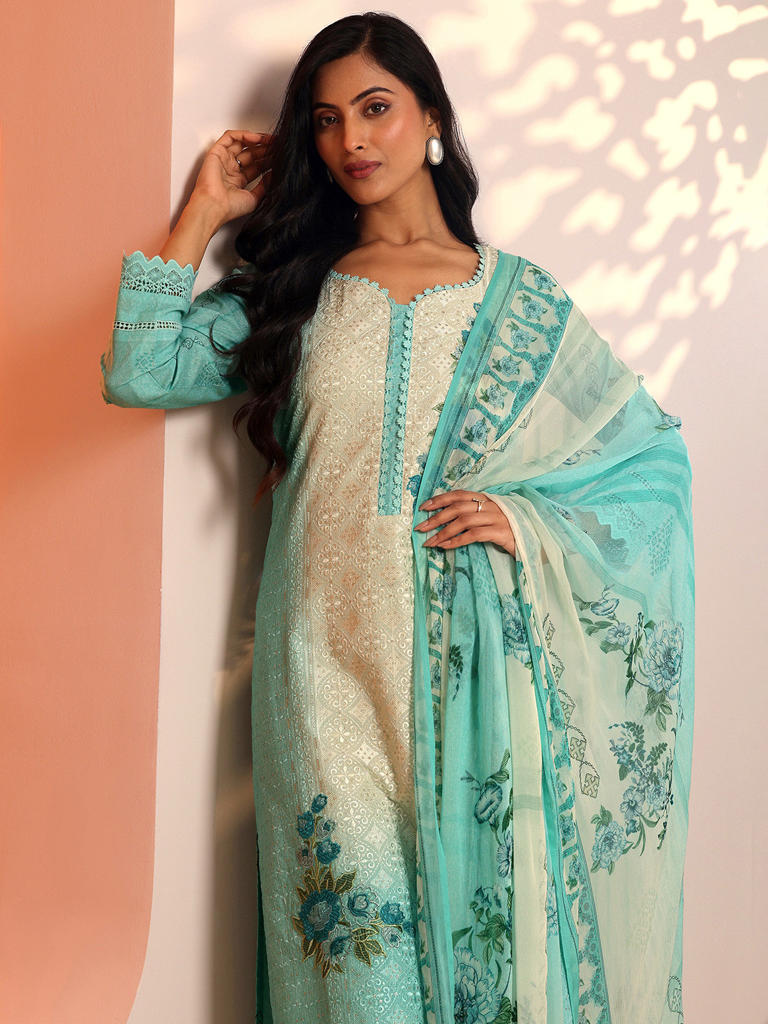 Libas Women Floral Embroidered Kurta with Trouser & Dupatta