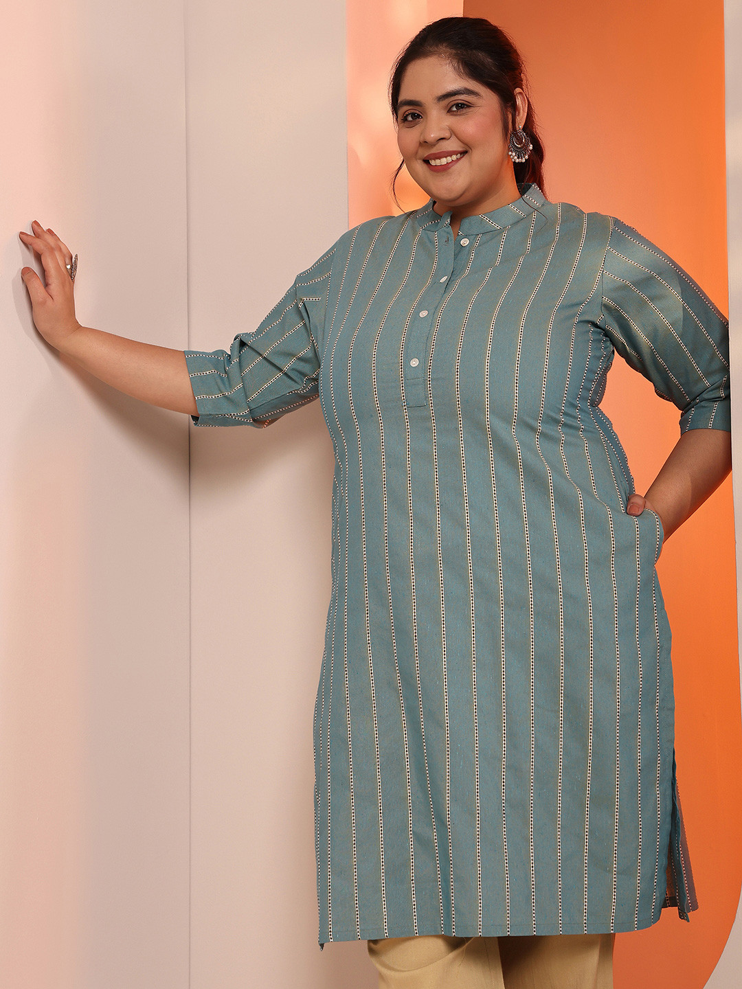 EXTRA LOVE BY LIBAS Striped Thread Work Cotton Kurta