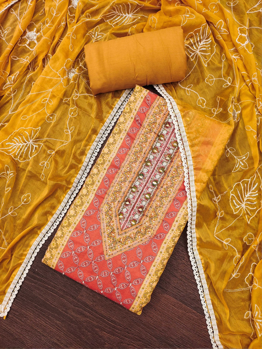 KALINI Mustard Printed Unstitched Dress Material with Dupatta