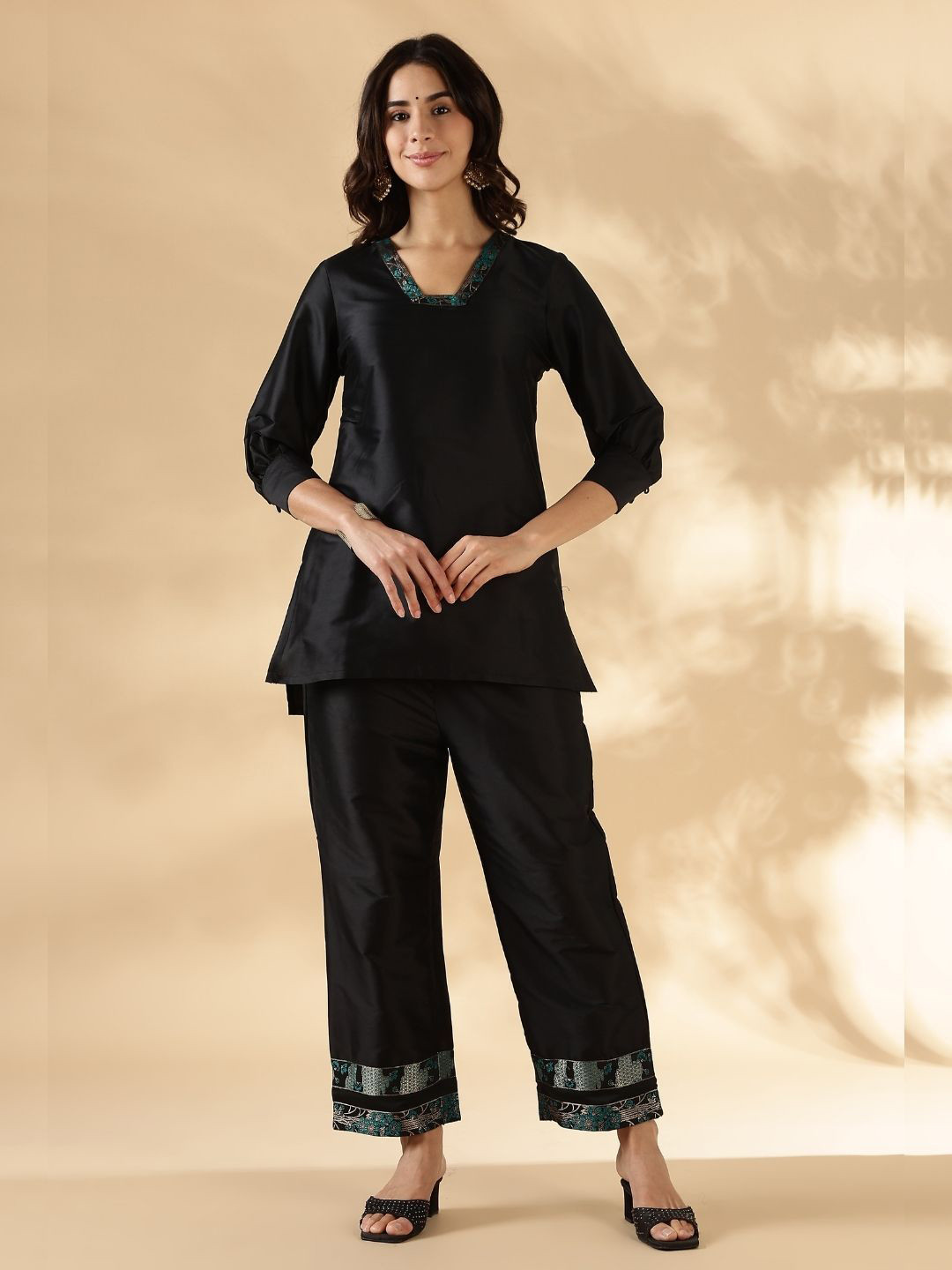 Abhishti Women High-low Kurta with Broad Straight Pants with Brocade Details