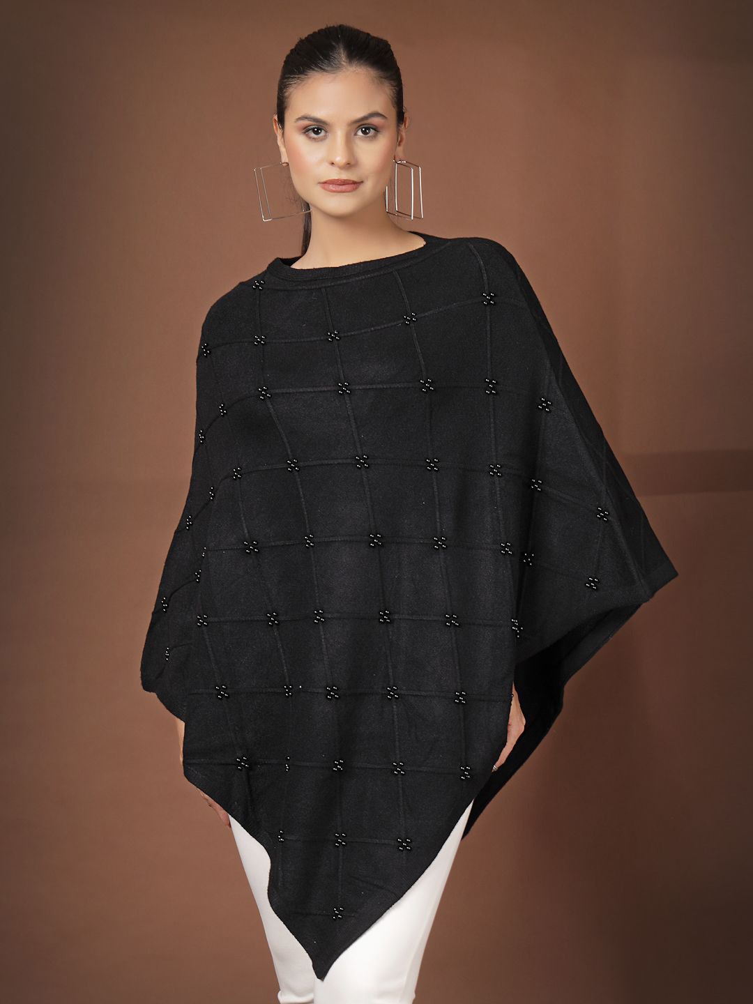 Mafadeny Women Beaded Grid Boat Neck Poncho